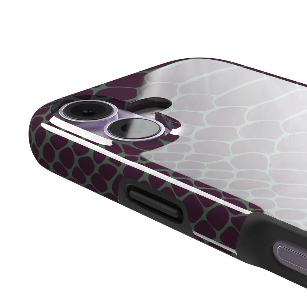 Deep plum and sage green snakeskin print phone case with muted green scale outlines on a rich purple base, phone case by Caselier — tough case, volume buttons detail