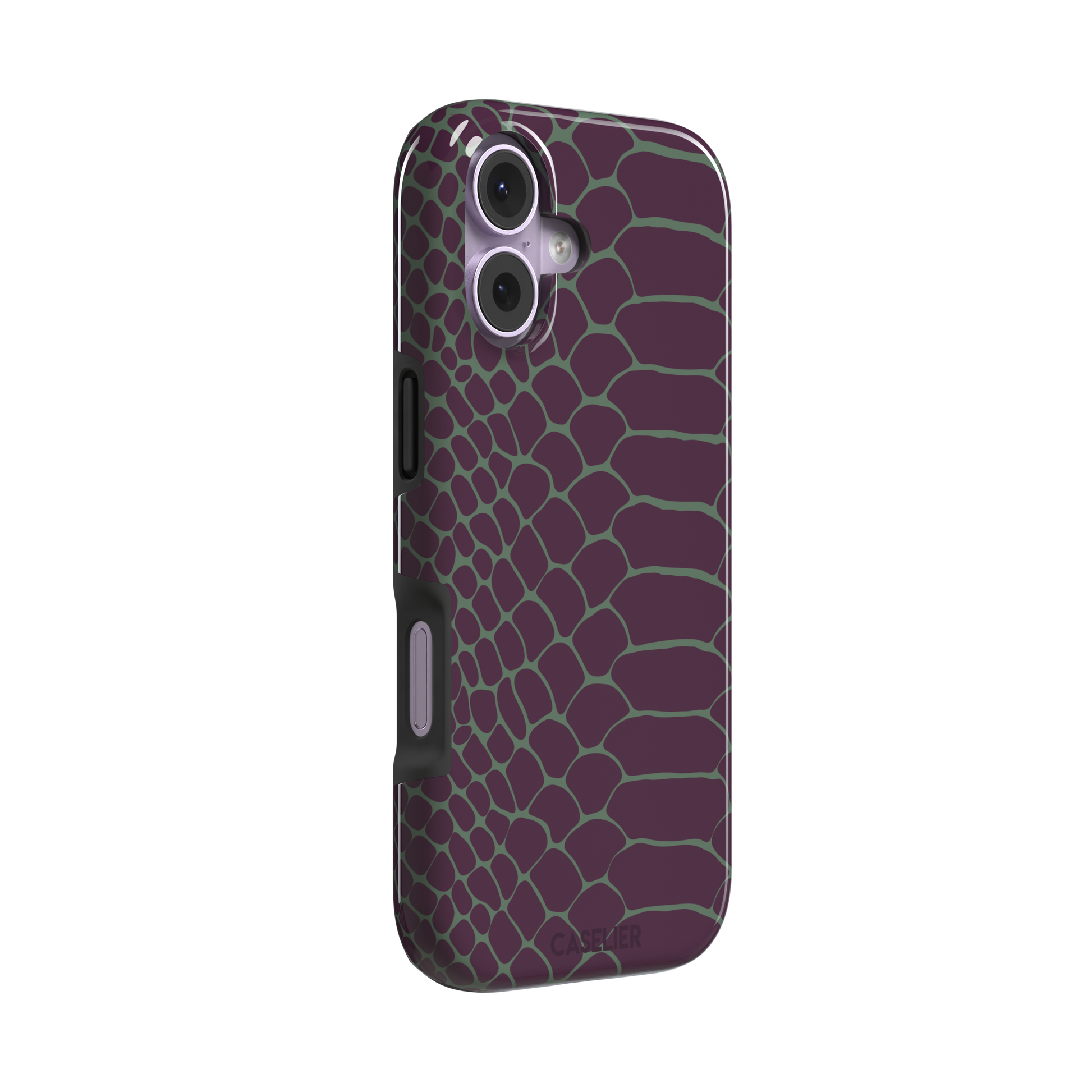 Deep plum and sage green snakeskin print phone case with muted green scale outlines on a rich purple base, phone case by Caselier — tough case, left view