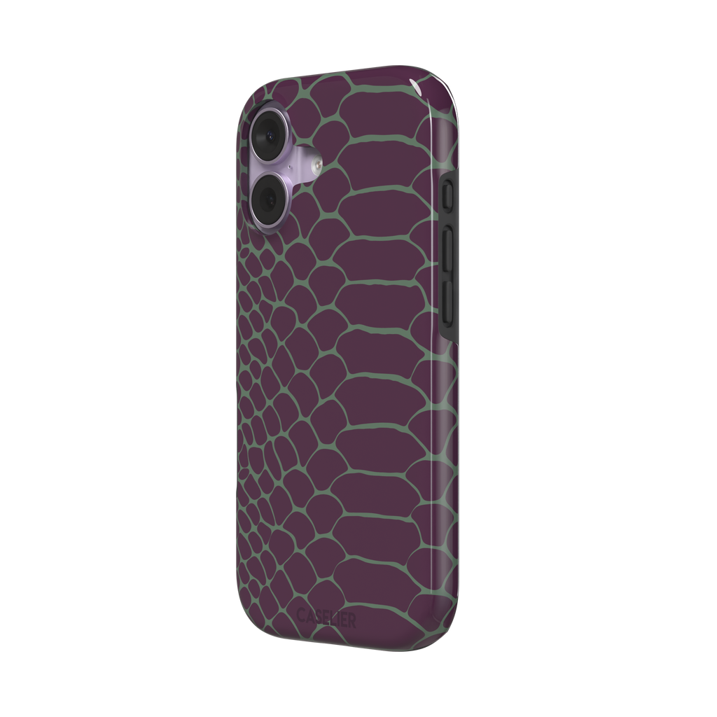 Deep plum and sage green snakeskin print phone case with muted green scale outlines on a rich purple base, phone case by Caselier — tough case, right view