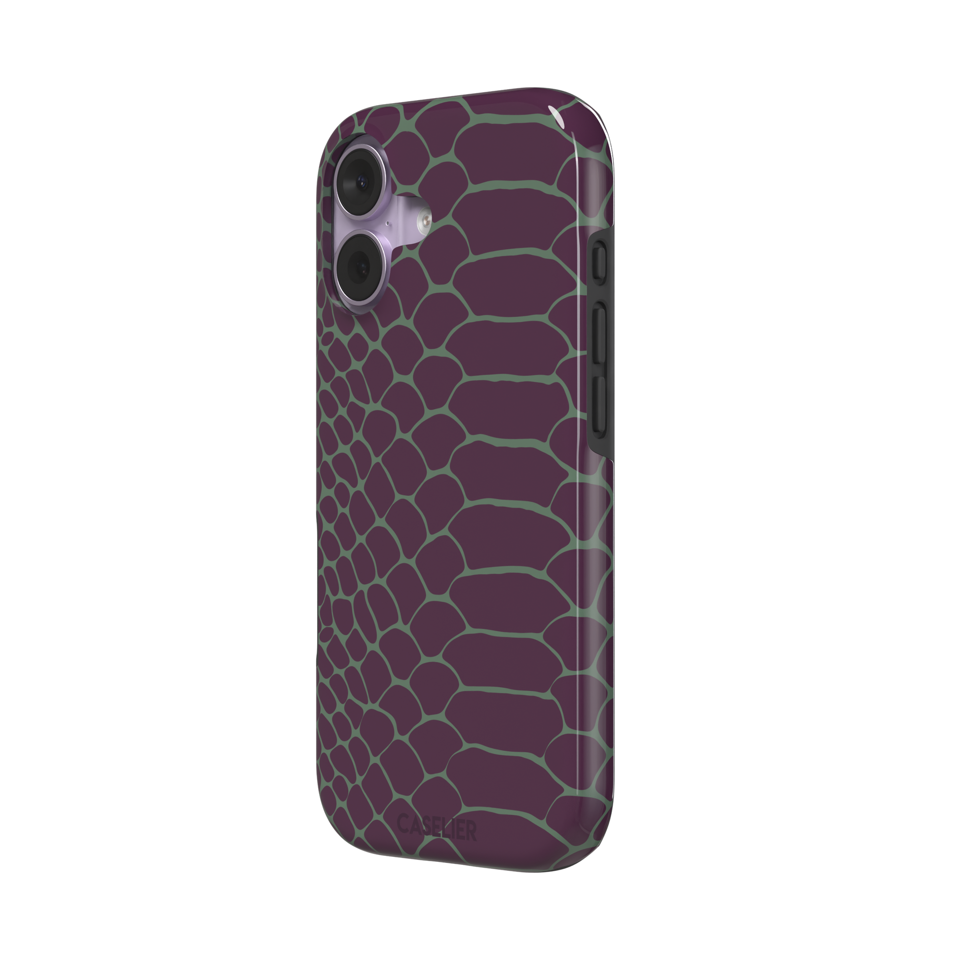 Deep plum and sage green snakeskin print phone case with muted green scale outlines on a rich purple base, phone case by Caselier — tough case, right view