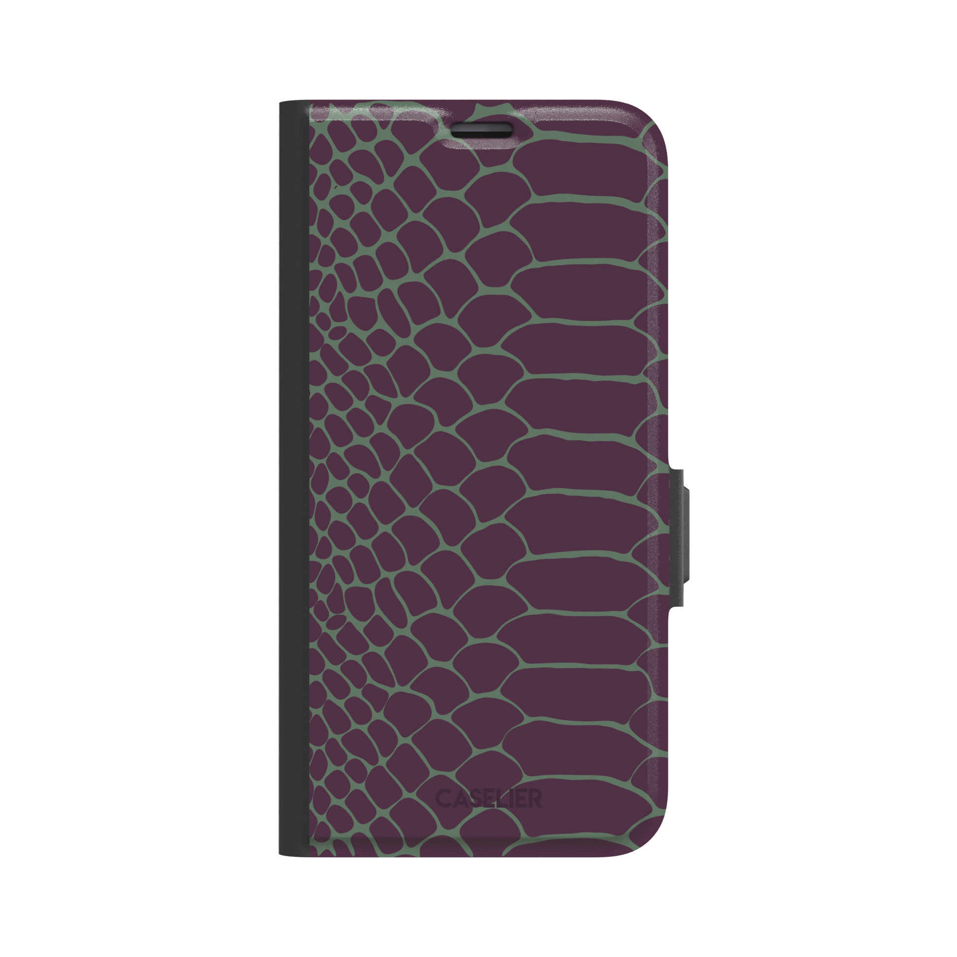 Deep plum and sage green snakeskin print phone case with muted green scale outlines on a rich purple base, phone case by Caselier — wallet case, front view