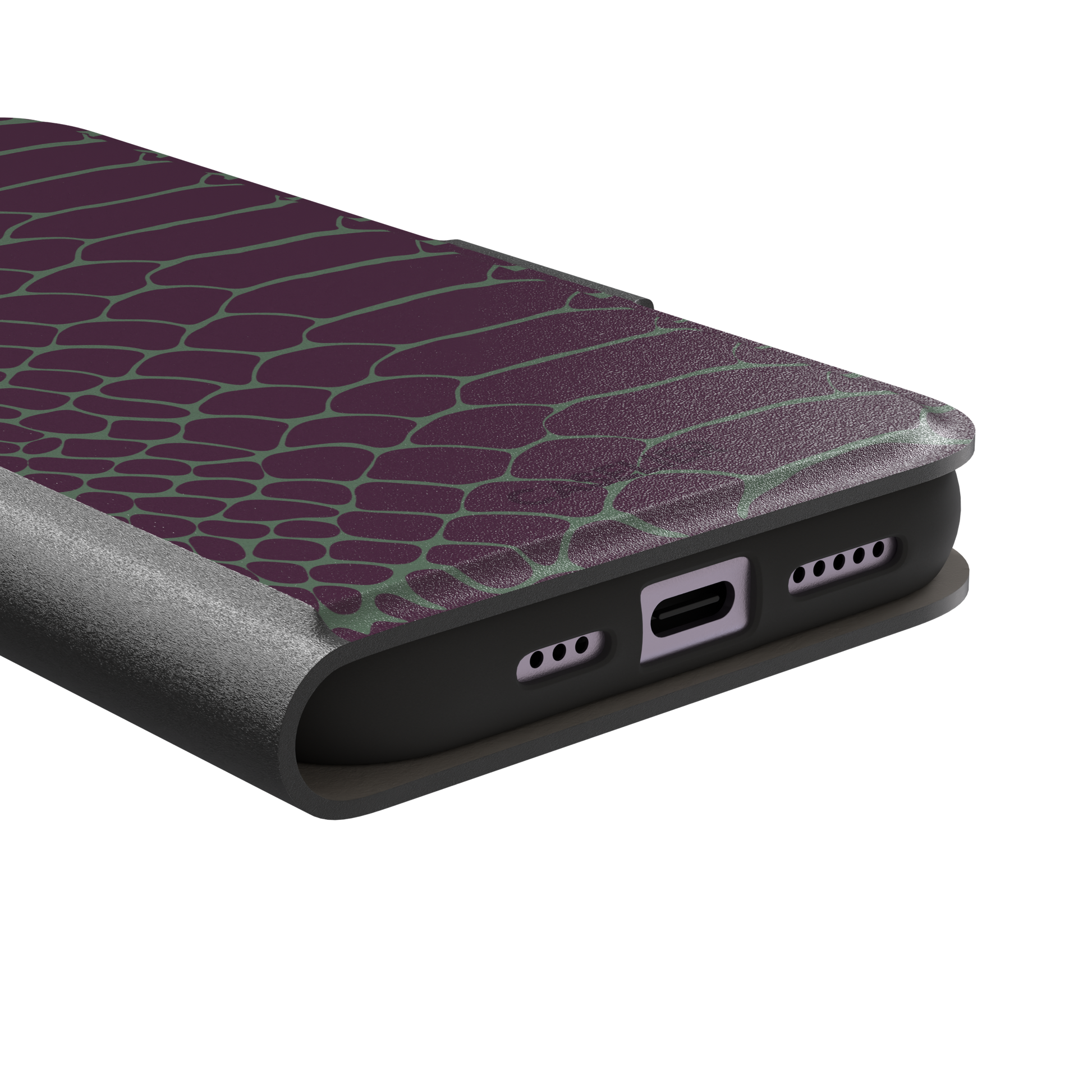 Deep plum and sage green snakeskin print phone case with muted green scale outlines on a rich purple base, phone case by Caselier — wallet case, charging port detail