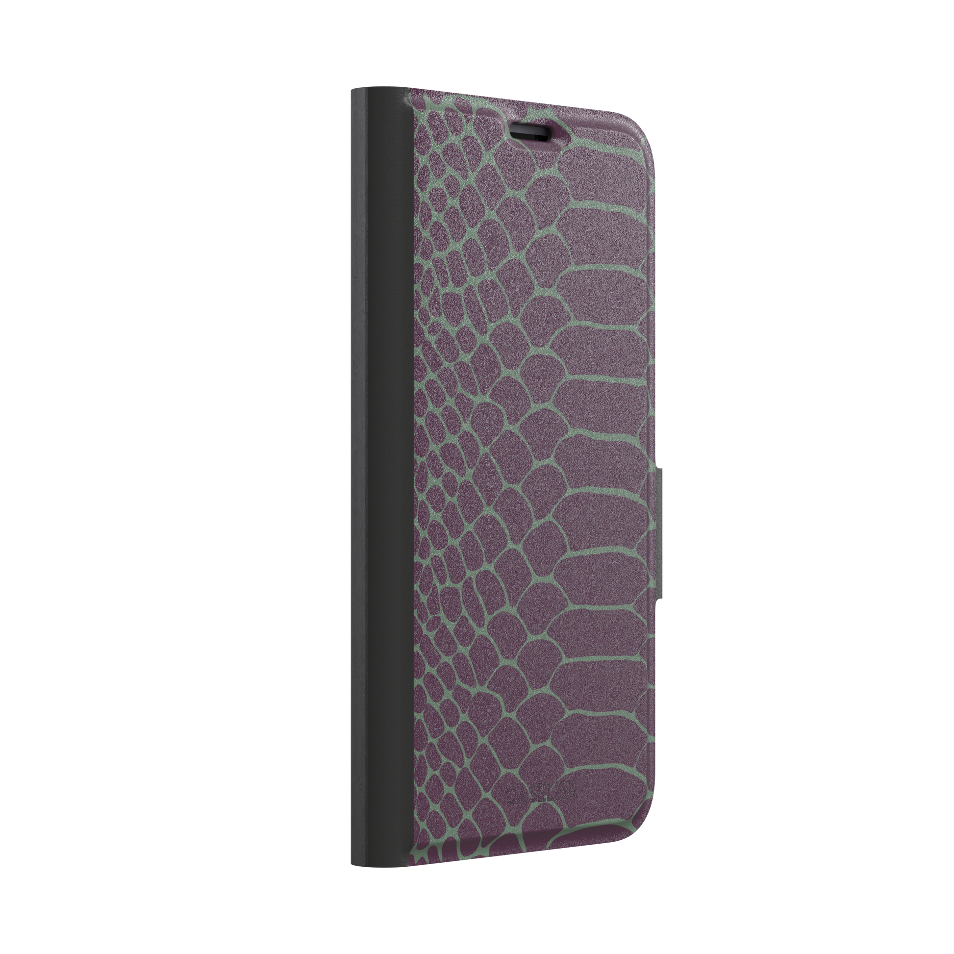 Deep plum and sage green snakeskin print phone case with muted green scale outlines on a rich purple base, phone case by Caselier — wallet case, left view