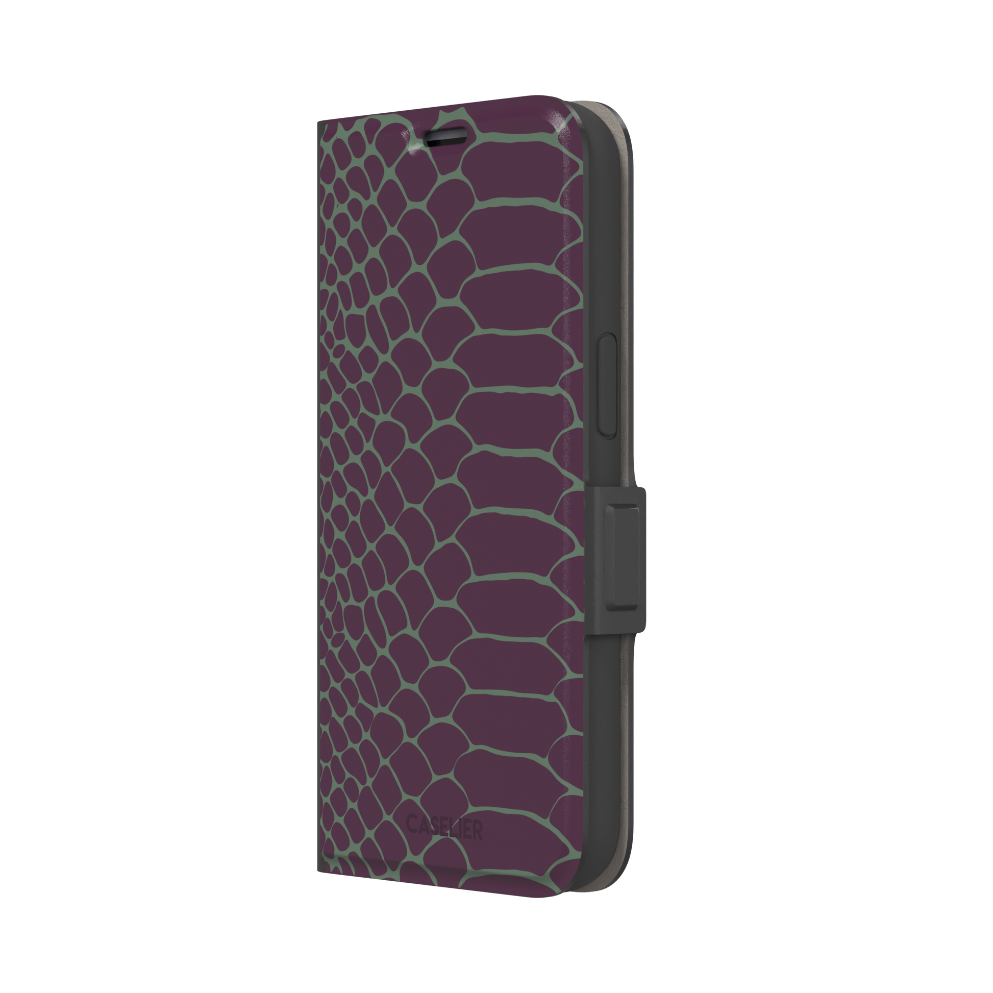Deep plum and sage green snakeskin print phone case with muted green scale outlines on a rich purple base, phone case by Caselier — wallet case, right view