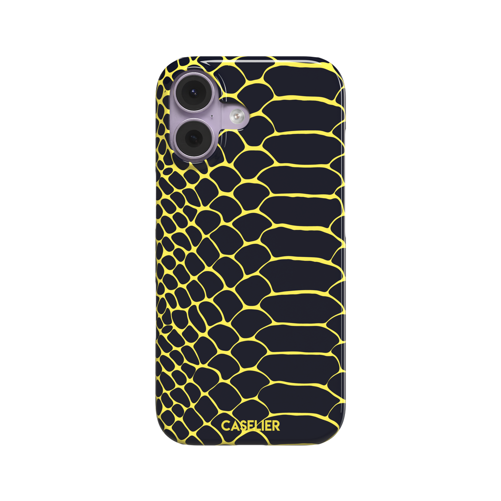 Navy and yellow snakeskin print phone case with vivid yellow scale outlines on a deep dark blue background, phone case by Caselier — snap case, front view