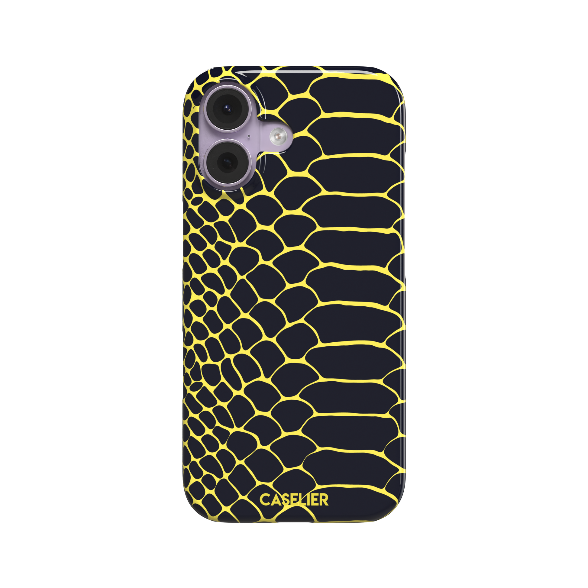 Navy and yellow snakeskin print phone case with vivid yellow scale outlines on a deep dark blue background, phone case by Caselier — snap case, front view