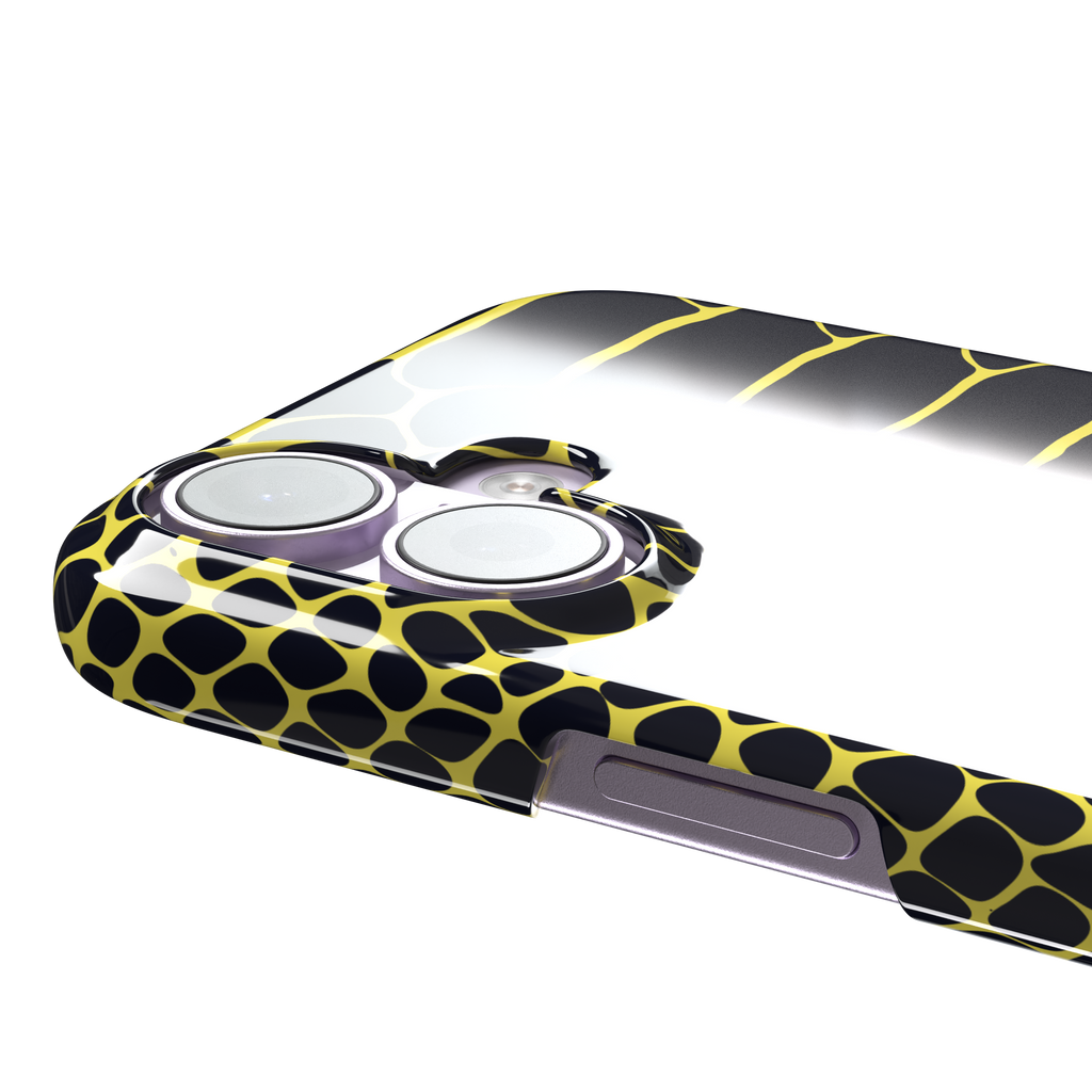 Navy and yellow snakeskin print phone case with vivid yellow scale outlines on a deep dark blue background, phone case by Caselier — snap case, volume buttons detail