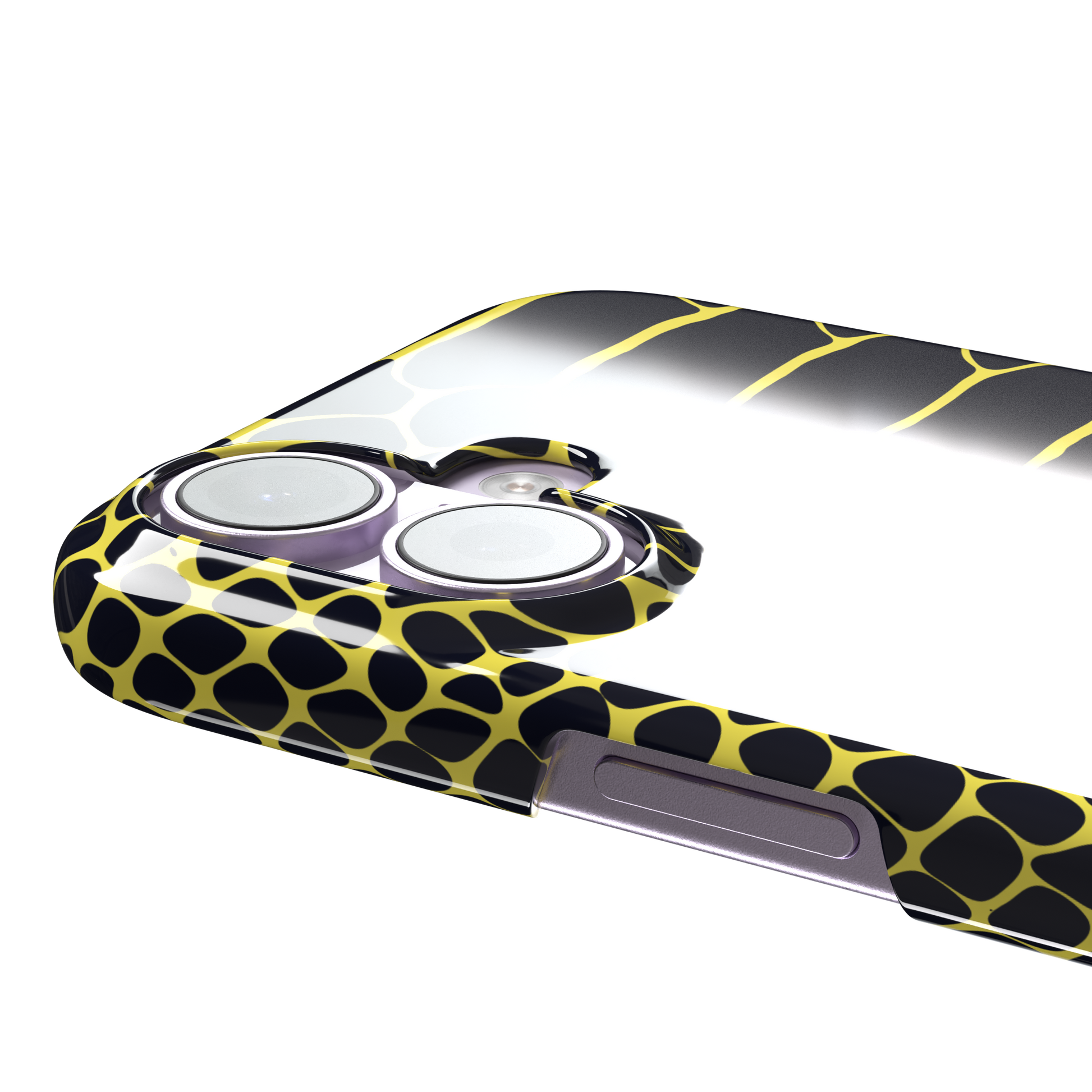 Navy and yellow snakeskin print phone case with vivid yellow scale outlines on a deep dark blue background, phone case by Caselier — snap case, volume buttons detail