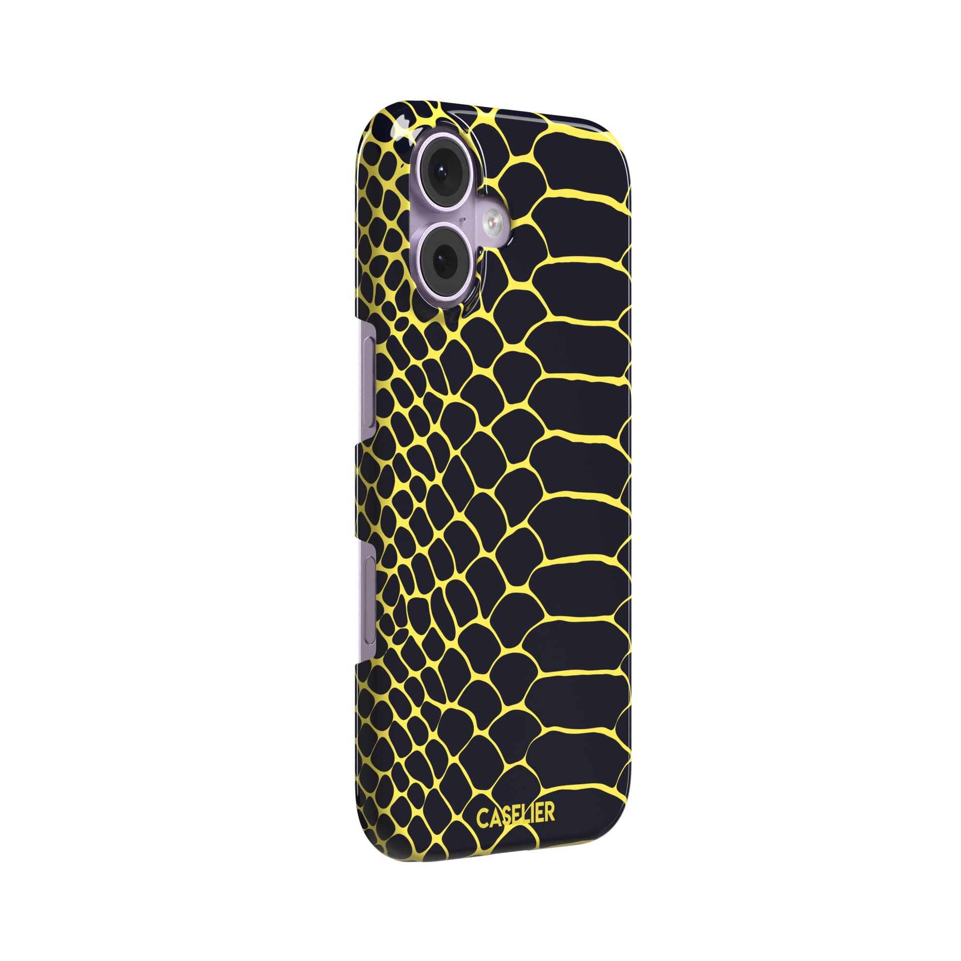 Navy and yellow snakeskin print phone case with vivid yellow scale outlines on a deep dark blue background, phone case by Caselier — snap case, left view