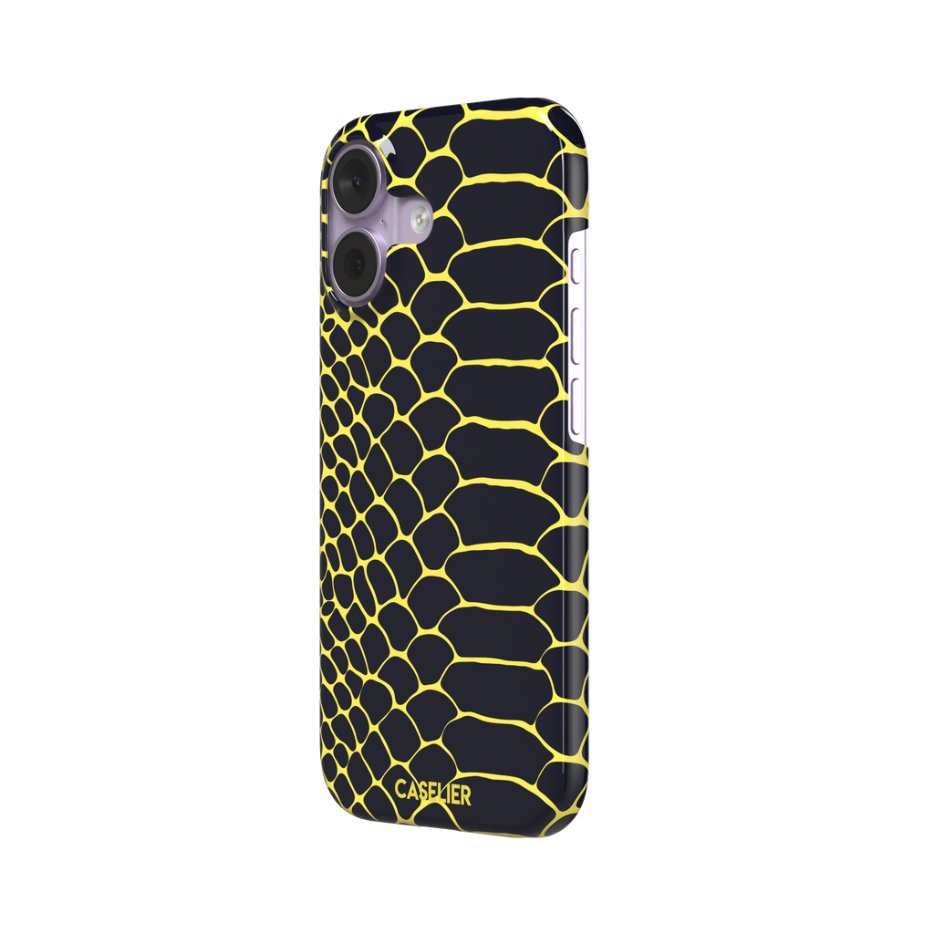 Navy and yellow snakeskin print phone case with vivid yellow scale outlines on a deep dark blue background, phone case by Caselier — snap case, right view