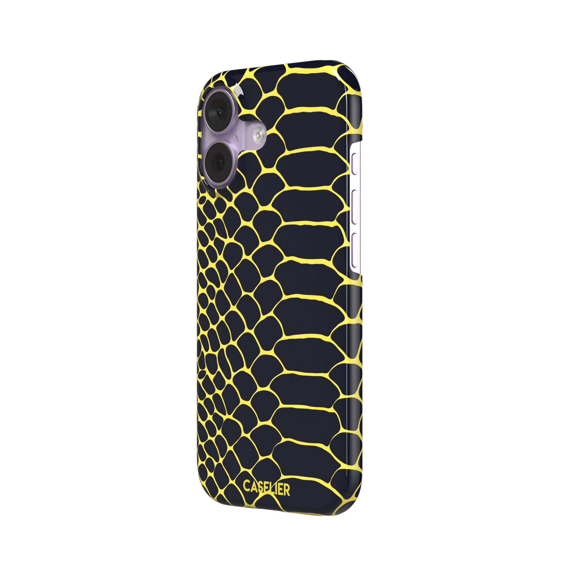 Navy and yellow snakeskin print phone case with vivid yellow scale outlines on a deep dark blue background, phone case by Caselier — snap case, right view