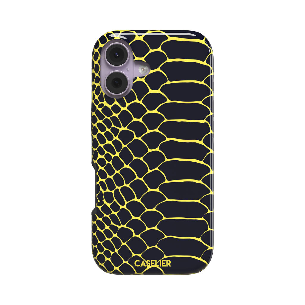 Navy and yellow snakeskin print phone case with vivid yellow scale outlines on a deep dark blue background, phone case by Caselier — tough case, front view