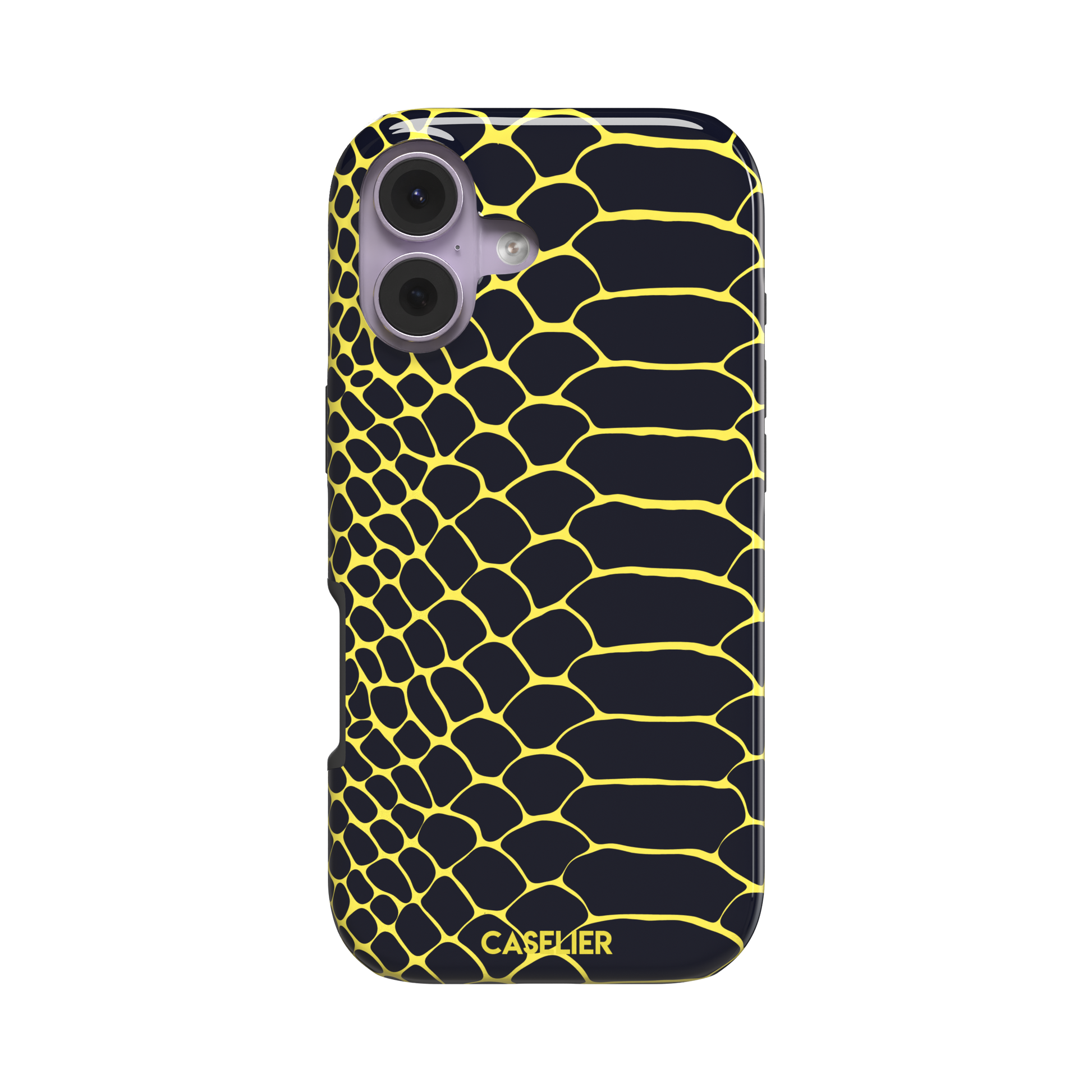 Navy and yellow snakeskin print phone case with vivid yellow scale outlines on a deep dark blue background, phone case by Caselier — tough case, front view