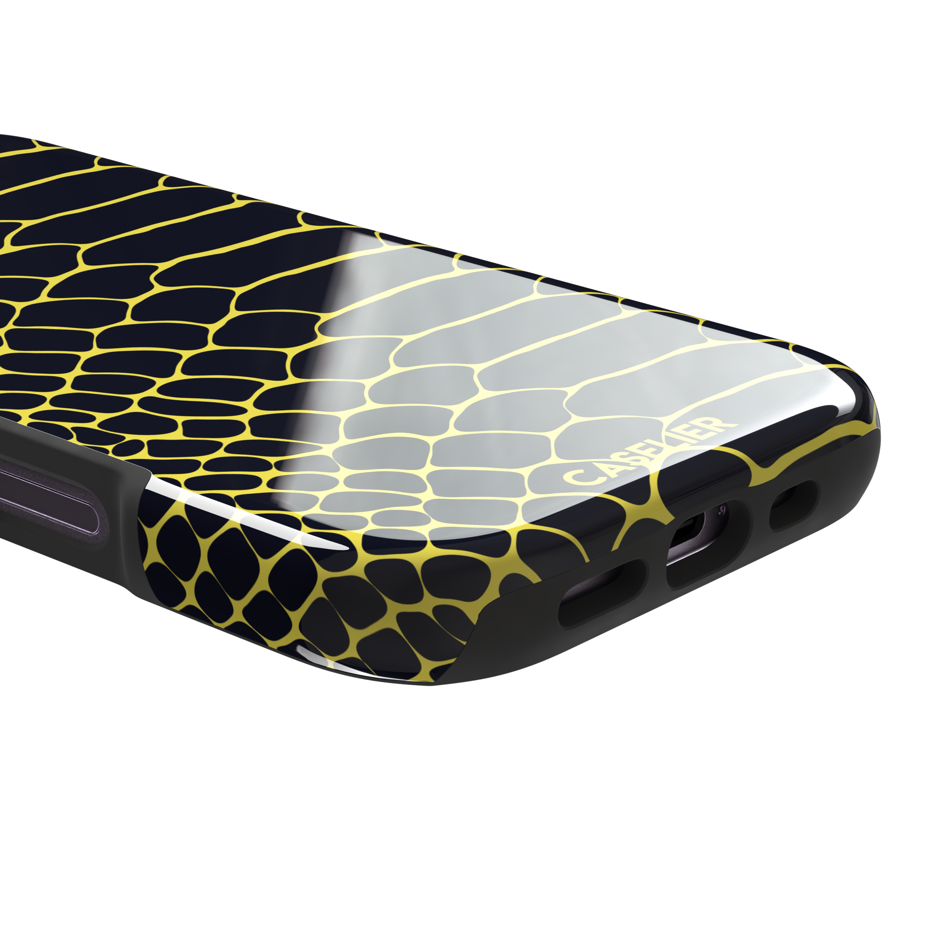 Navy and yellow snakeskin print phone case with vivid yellow scale outlines on a deep dark blue background, phone case by Caselier — tough case, charging port detail