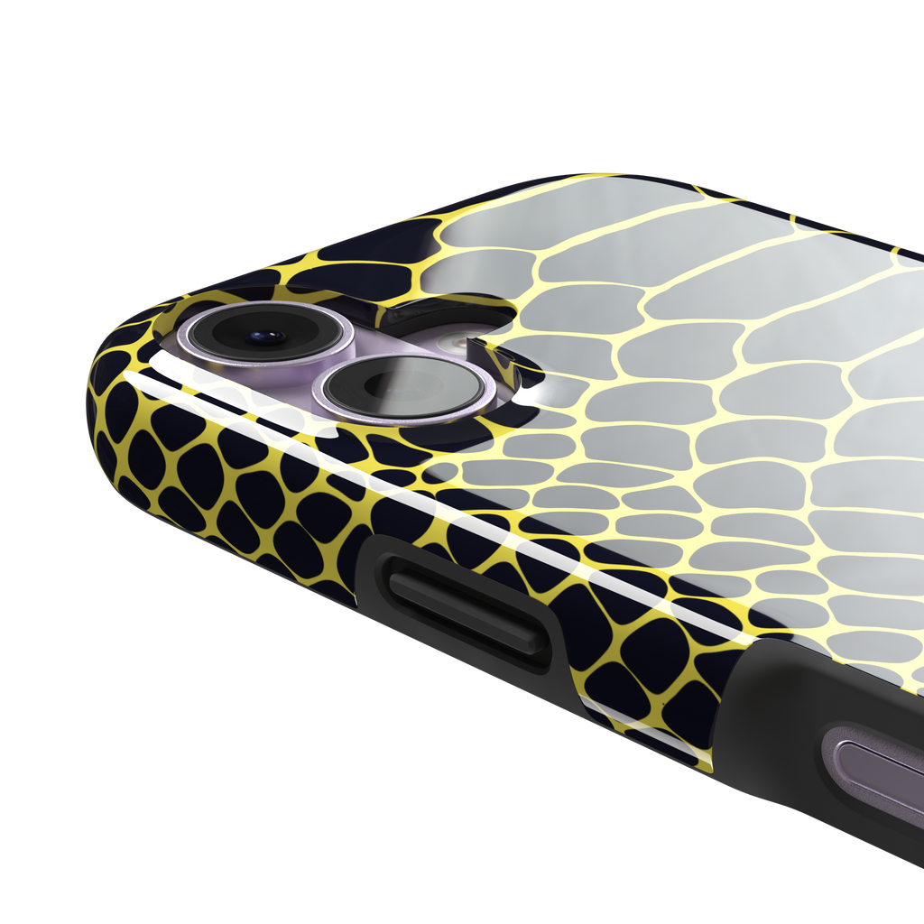 Navy and yellow snakeskin print phone case with vivid yellow scale outlines on a deep dark blue background, phone case by Caselier — tough case, volume buttons detail