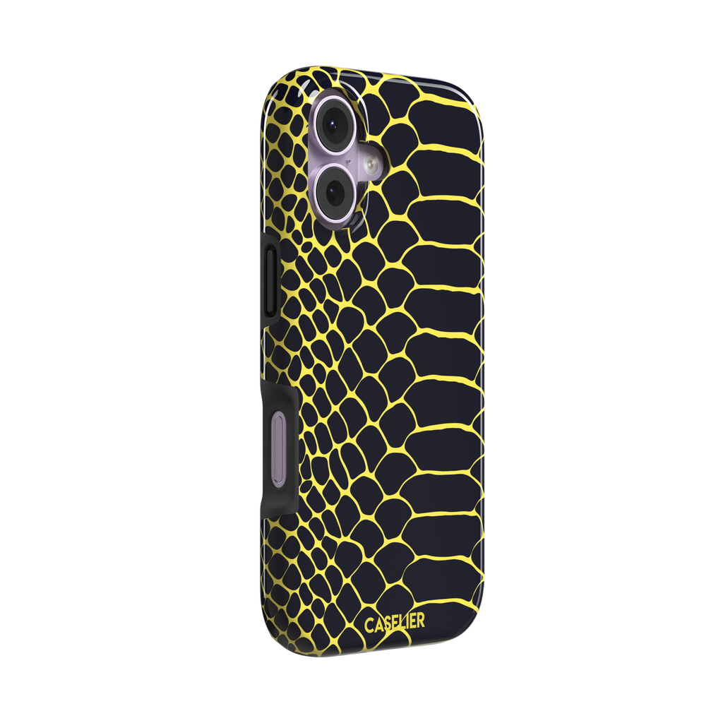 Navy and yellow snakeskin print phone case with vivid yellow scale outlines on a deep dark blue background, phone case by Caselier — tough case, left view