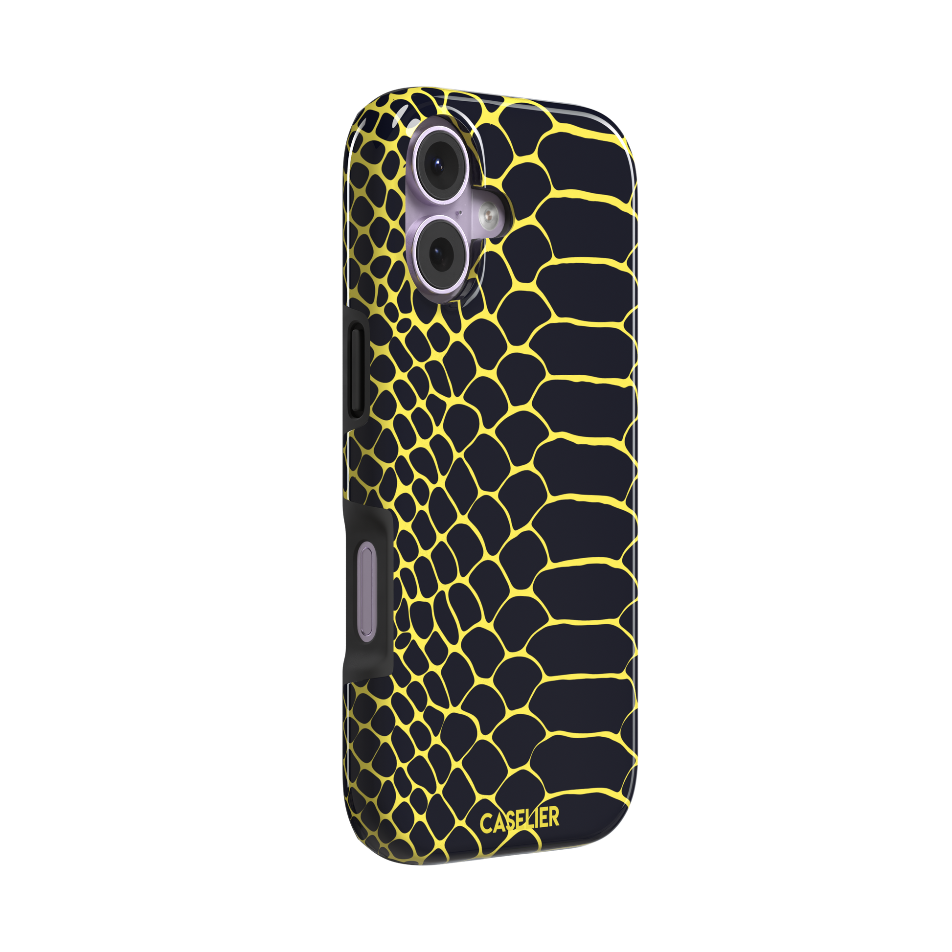 Navy and yellow snakeskin print phone case with vivid yellow scale outlines on a deep dark blue background, phone case by Caselier — tough case, left view