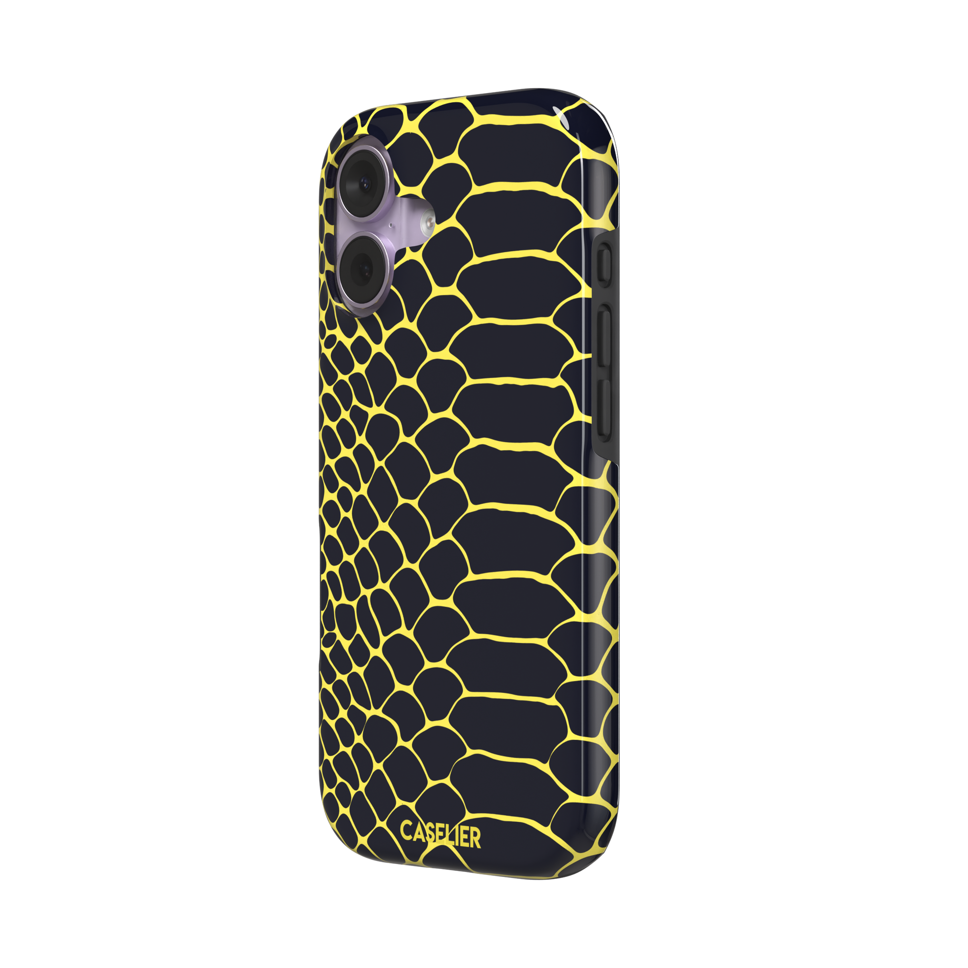 Navy and yellow snakeskin print phone case with vivid yellow scale outlines on a deep dark blue background, phone case by Caselier — tough case, right view