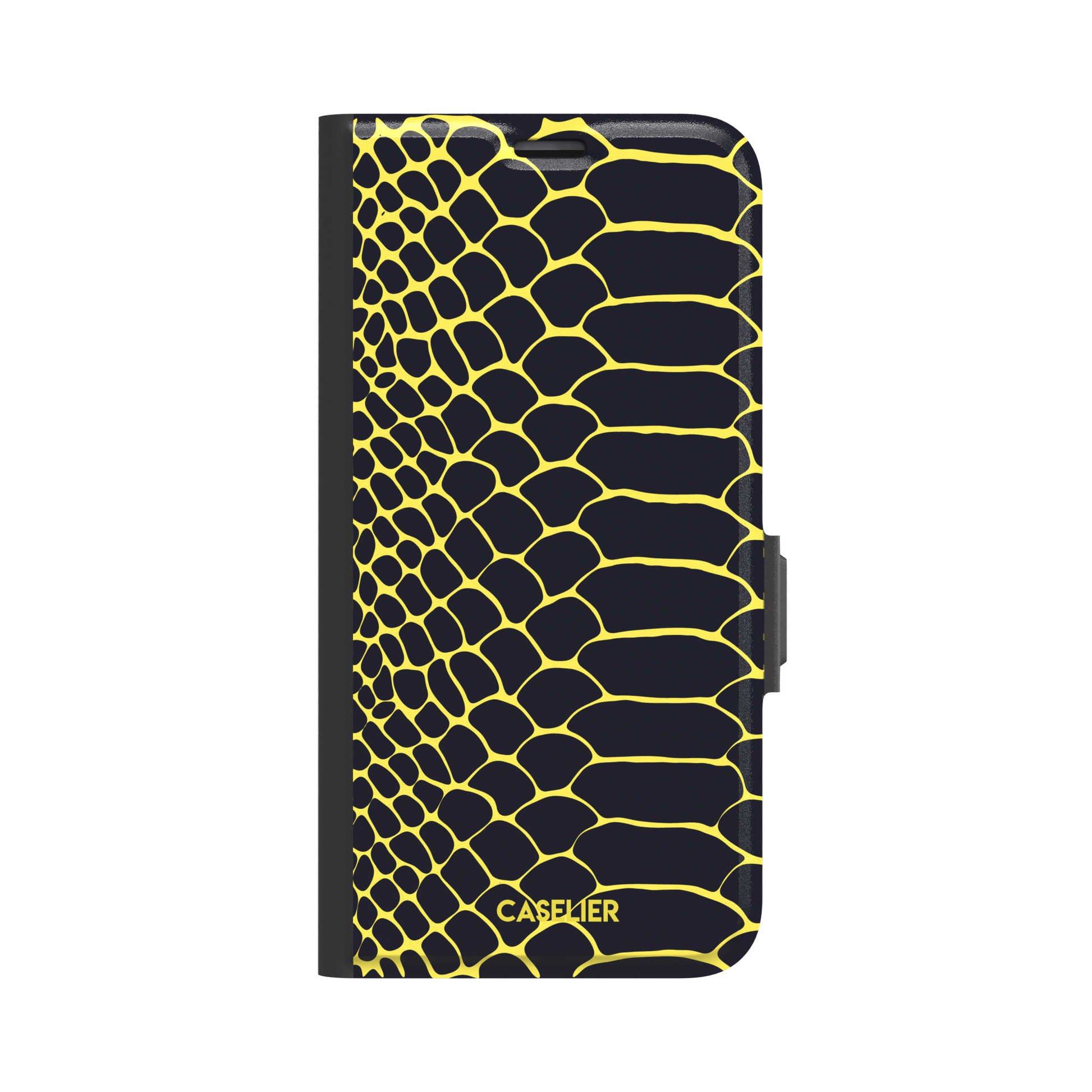 Navy and yellow snakeskin print phone case with vivid yellow scale outlines on a deep dark blue background, phone case by Caselier — wallet case, front view