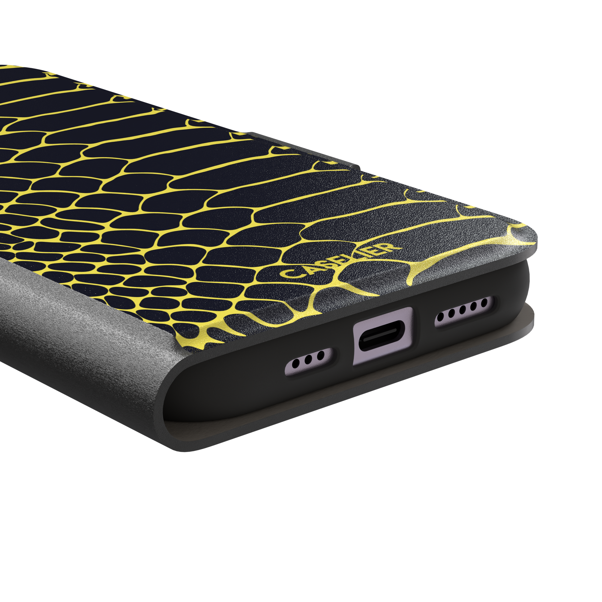 Navy and yellow snakeskin print phone case with vivid yellow scale outlines on a deep dark blue background, phone case by Caselier — wallet case, charging port detail