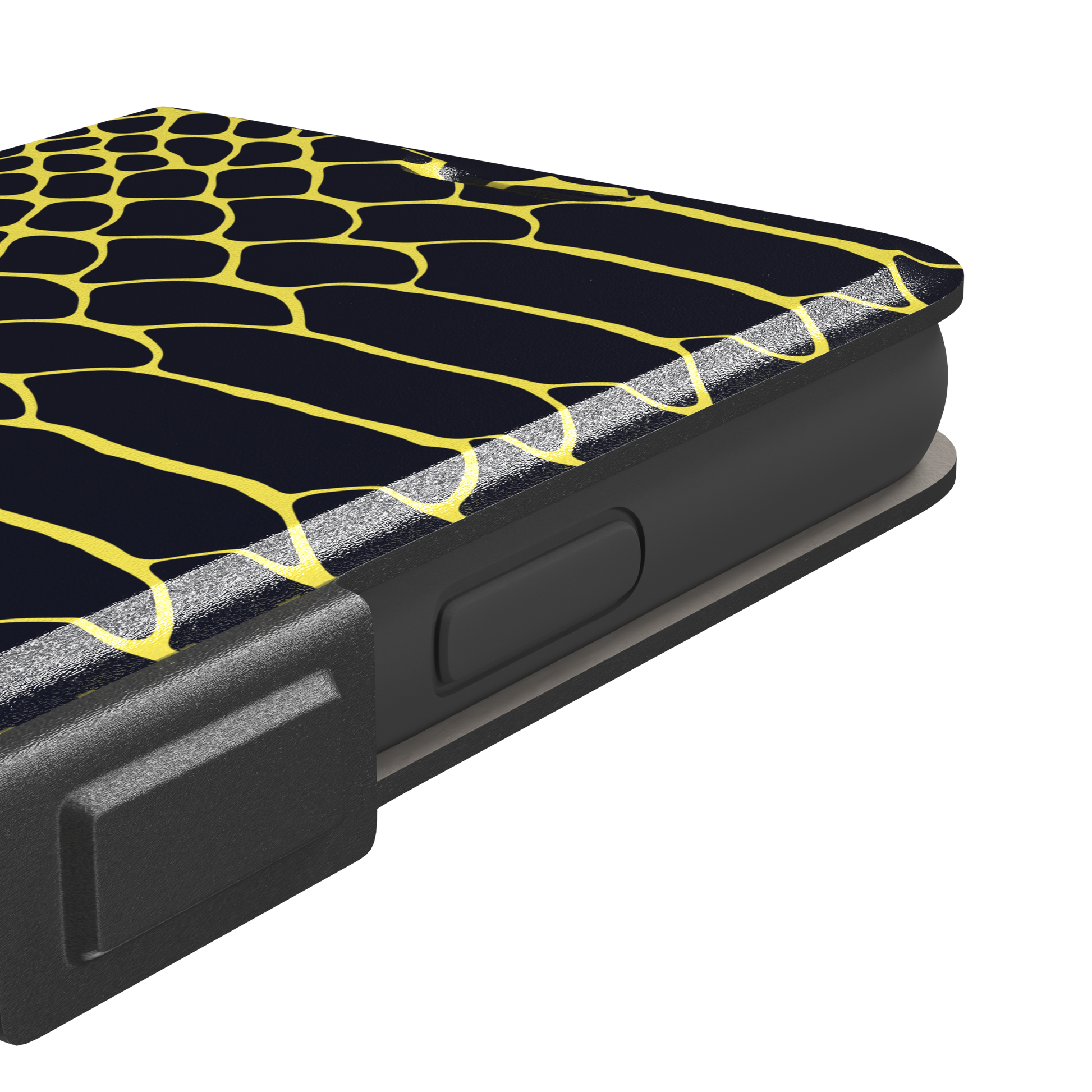 Navy and yellow snakeskin print phone case with vivid yellow scale outlines on a deep dark blue background, phone case by Caselier — wallet case, volume buttons detail