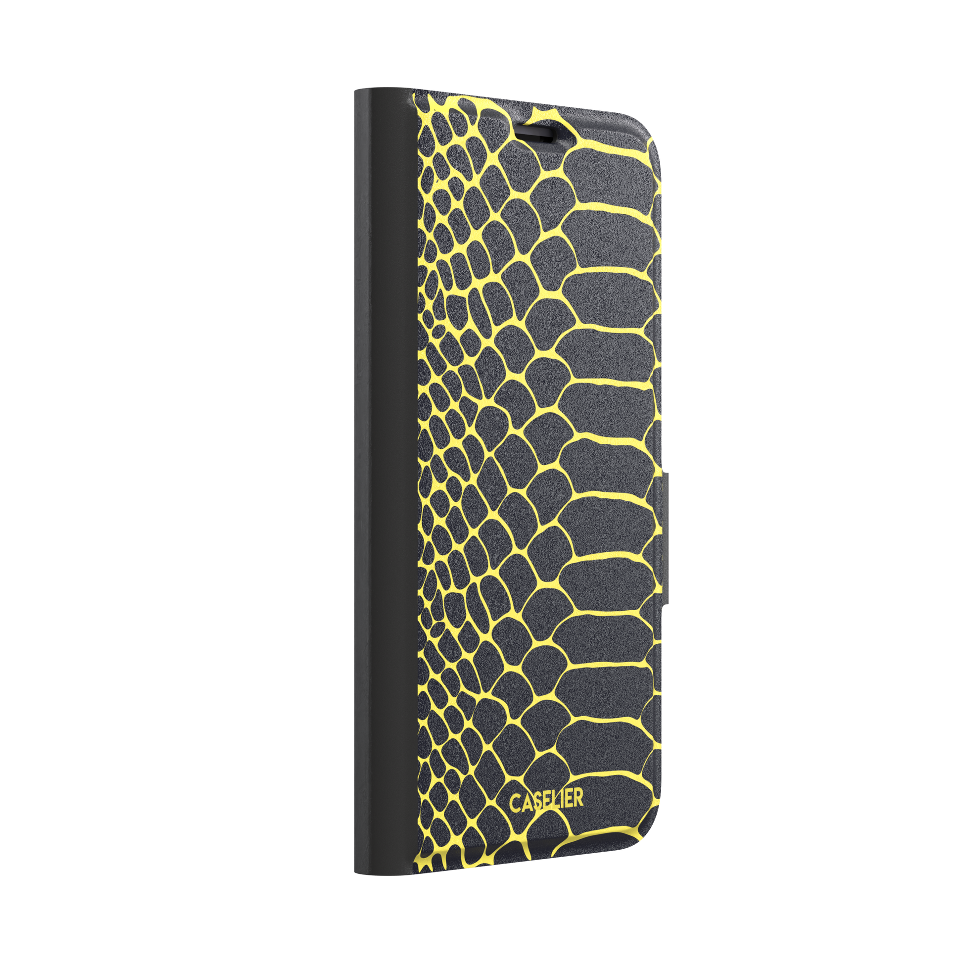 Navy and yellow snakeskin print phone case with vivid yellow scale outlines on a deep dark blue background, phone case by Caselier — wallet case, left view