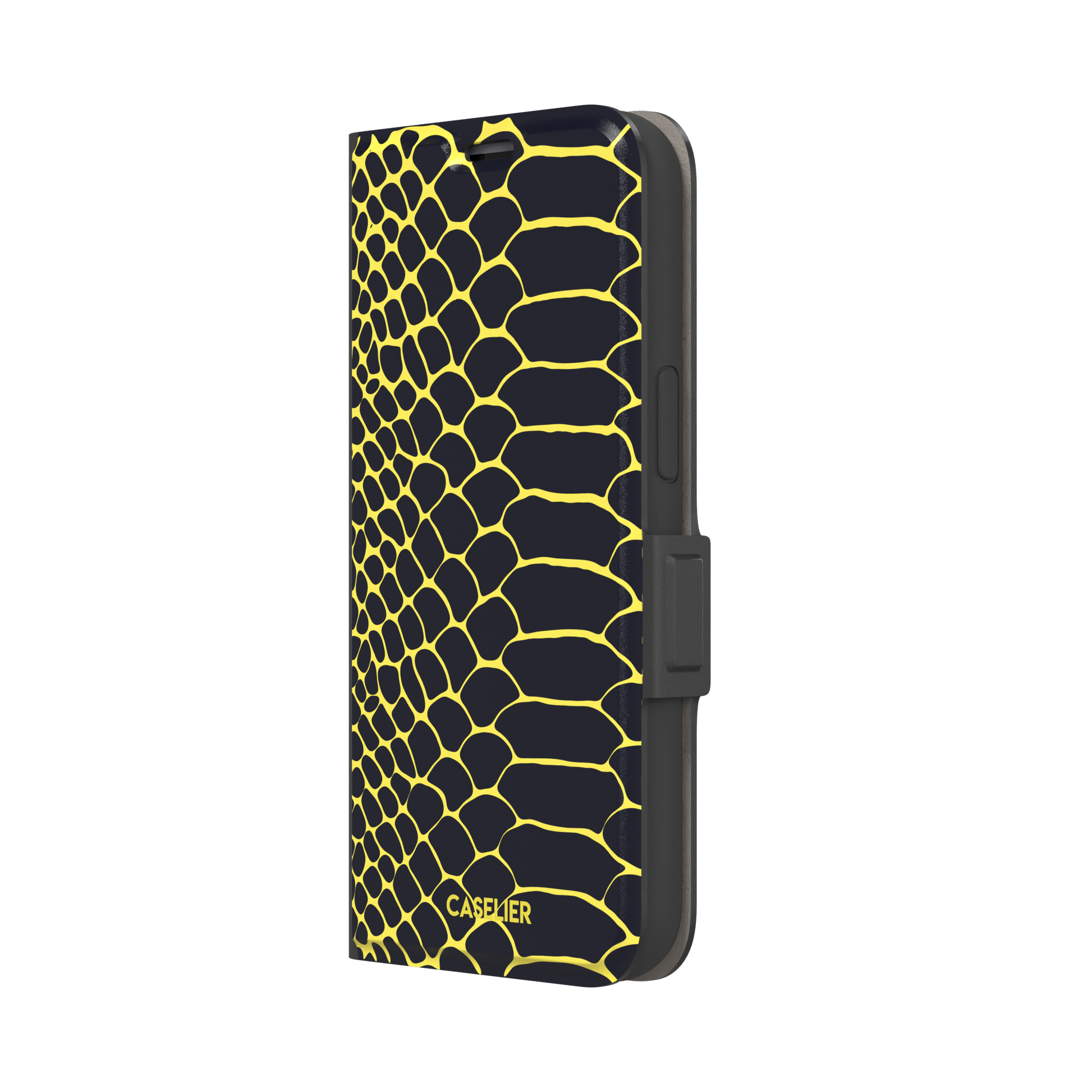 Navy and yellow snakeskin print phone case with vivid yellow scale outlines on a deep dark blue background, phone case by Caselier — wallet case, right view