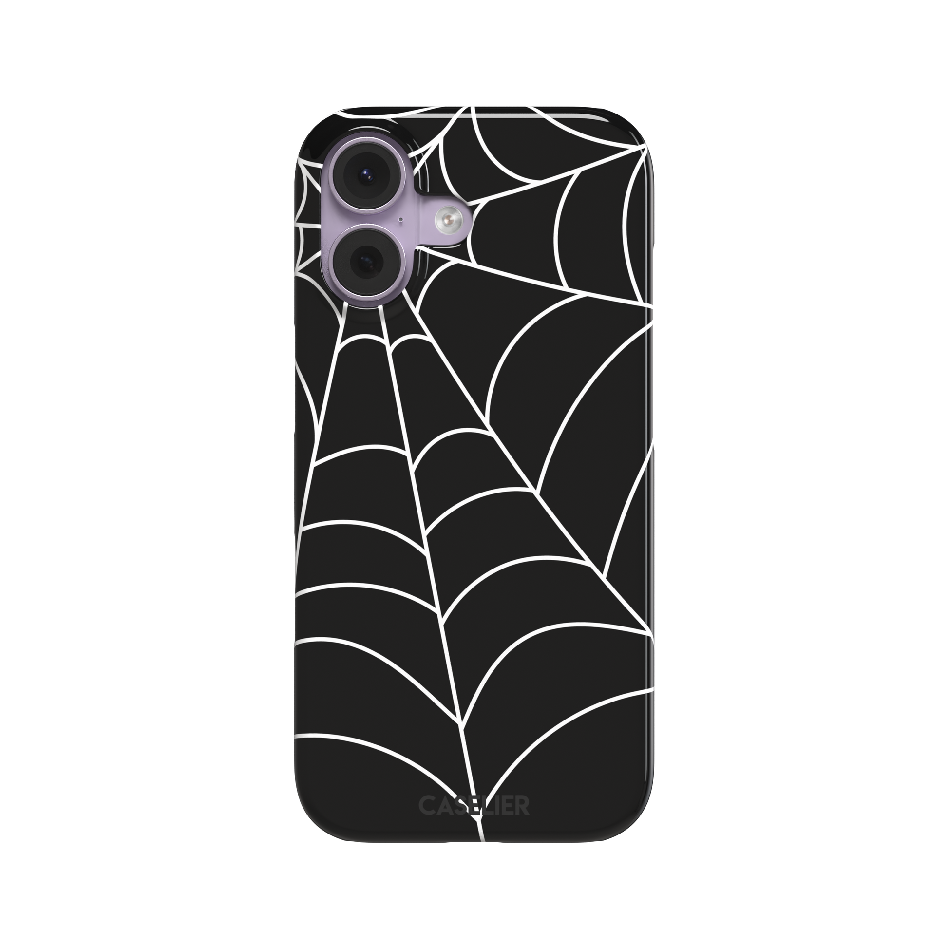 Black phone case with bold white spiderweb graphic covering the full surface, phone case by Caselier — snap case, front view