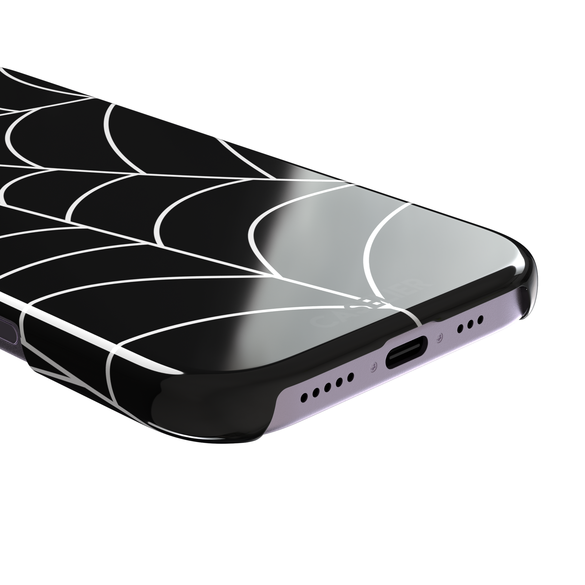 Black phone case with bold white spiderweb graphic covering the full surface, phone case by Caselier — snap case, charging port detail