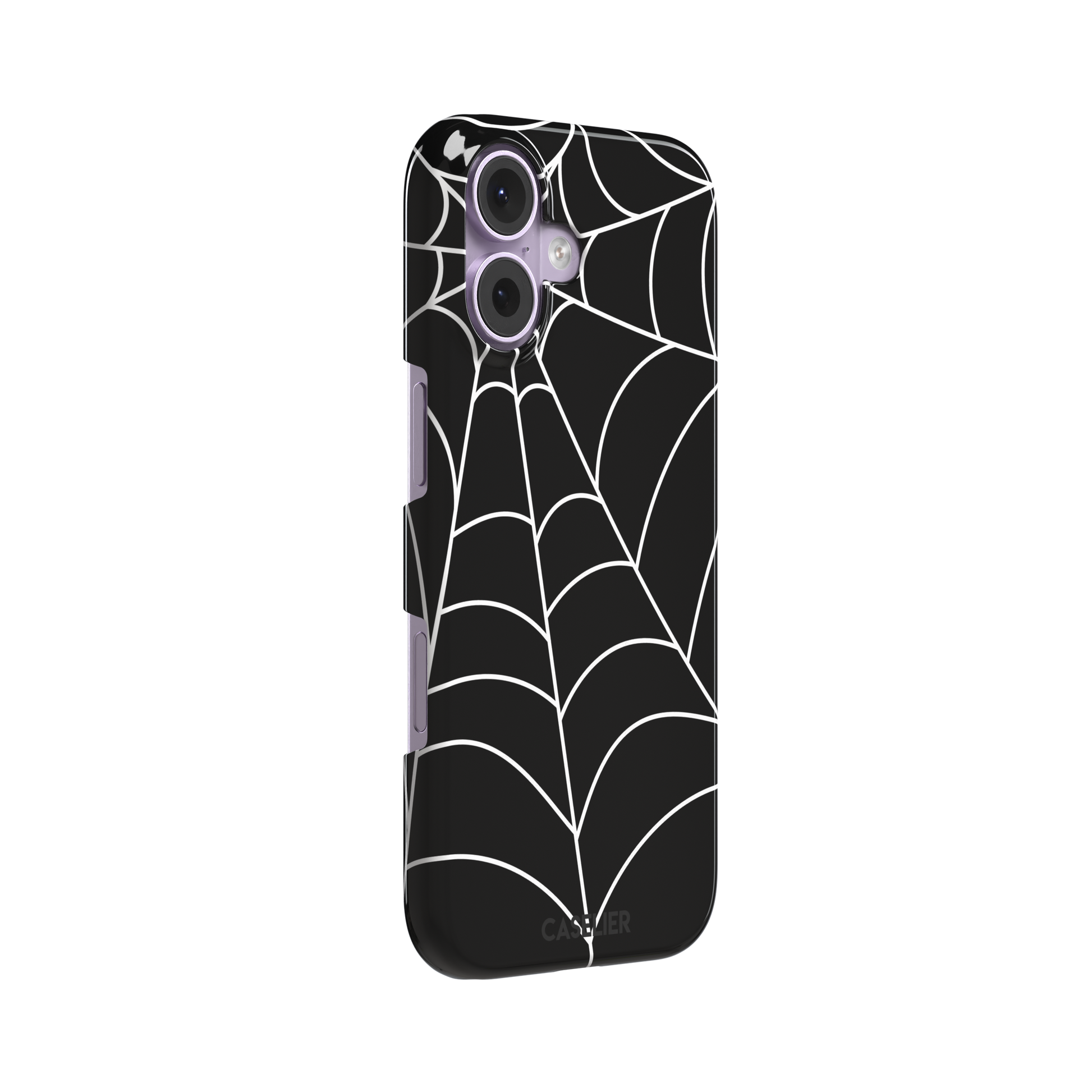 Black phone case with bold white spiderweb graphic covering the full surface, phone case by Caselier — snap case, left view