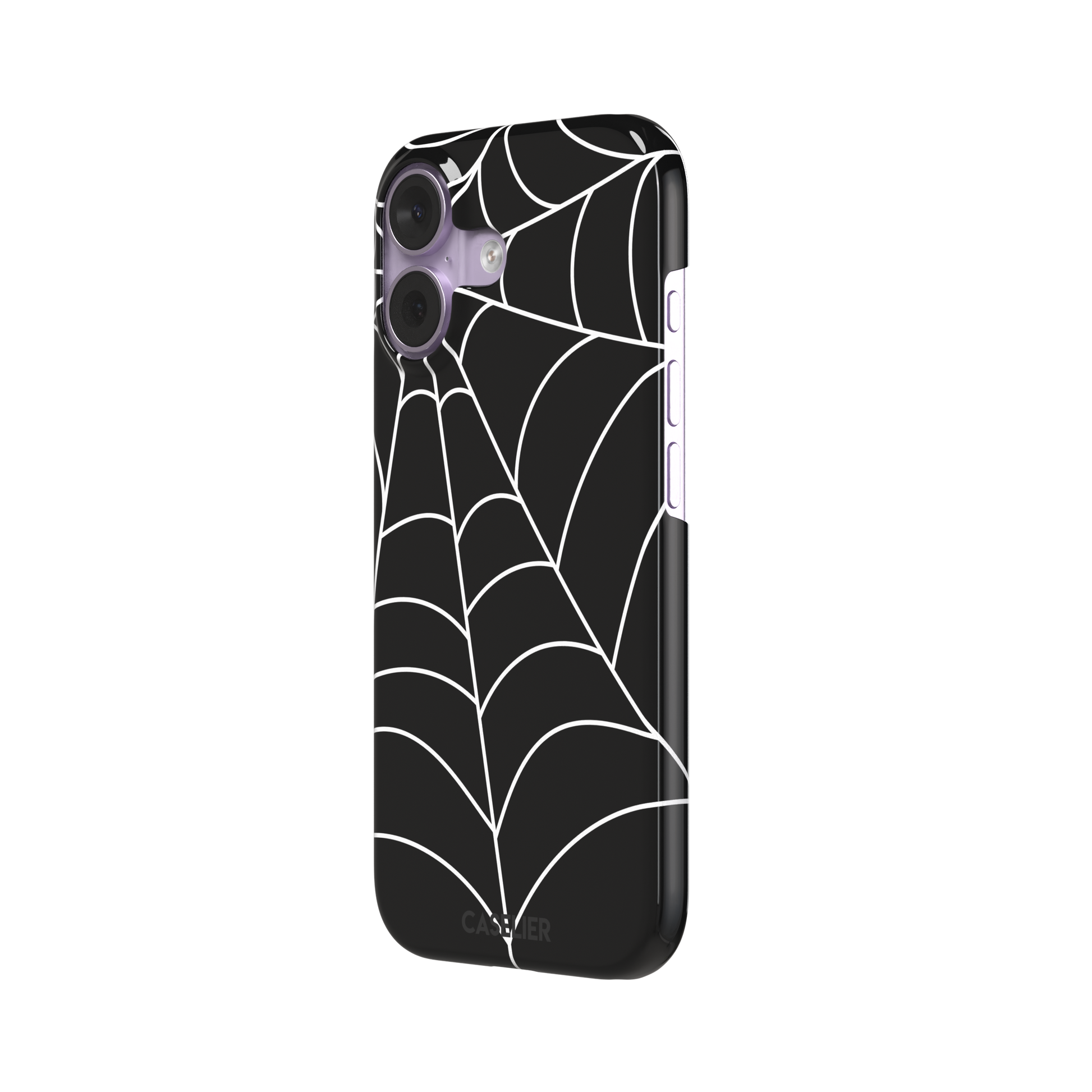 Black phone case with bold white spiderweb graphic covering the full surface, phone case by Caselier — snap case, right view