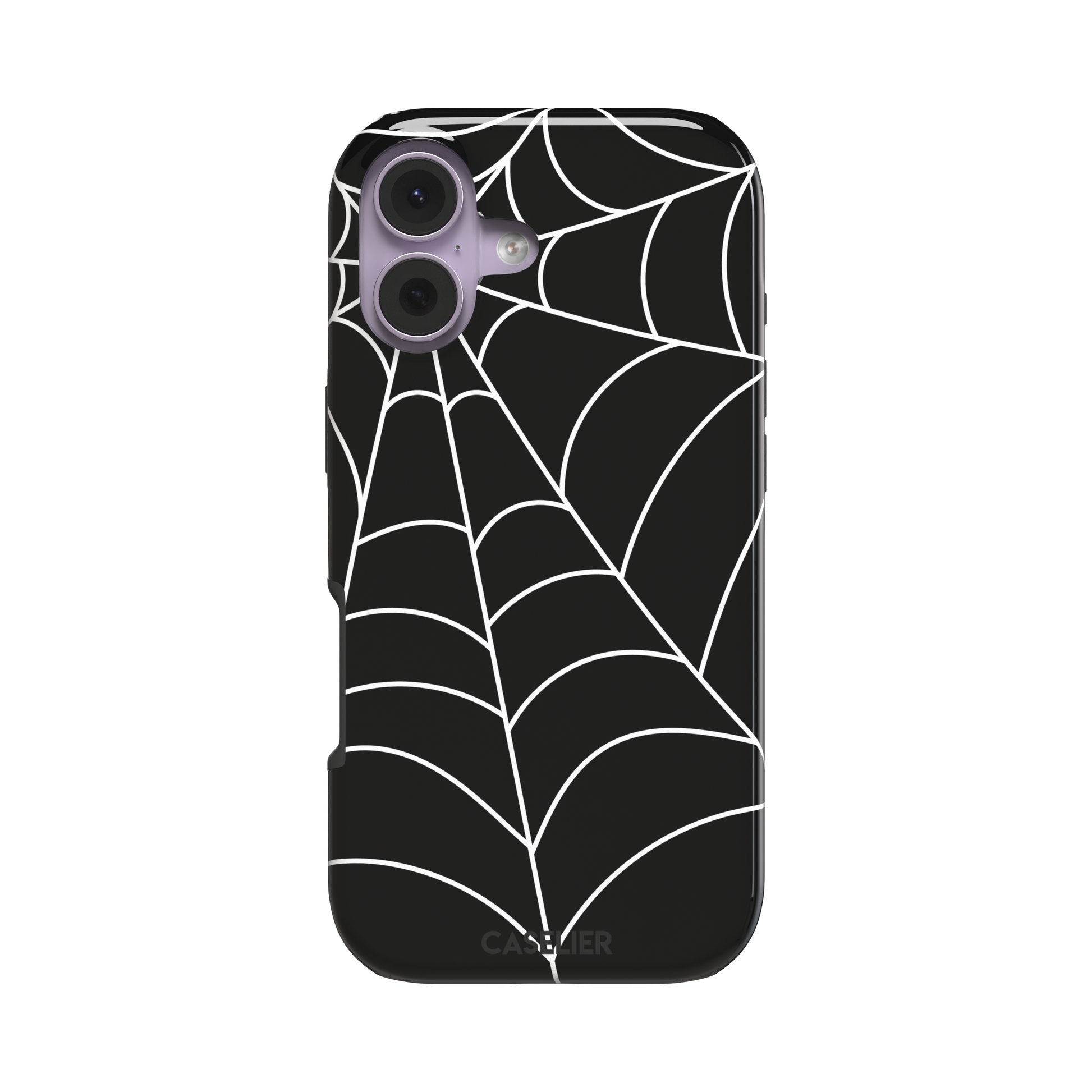 Black phone case with bold white spiderweb graphic covering the full surface, phone case by Caselier — tough case, front view