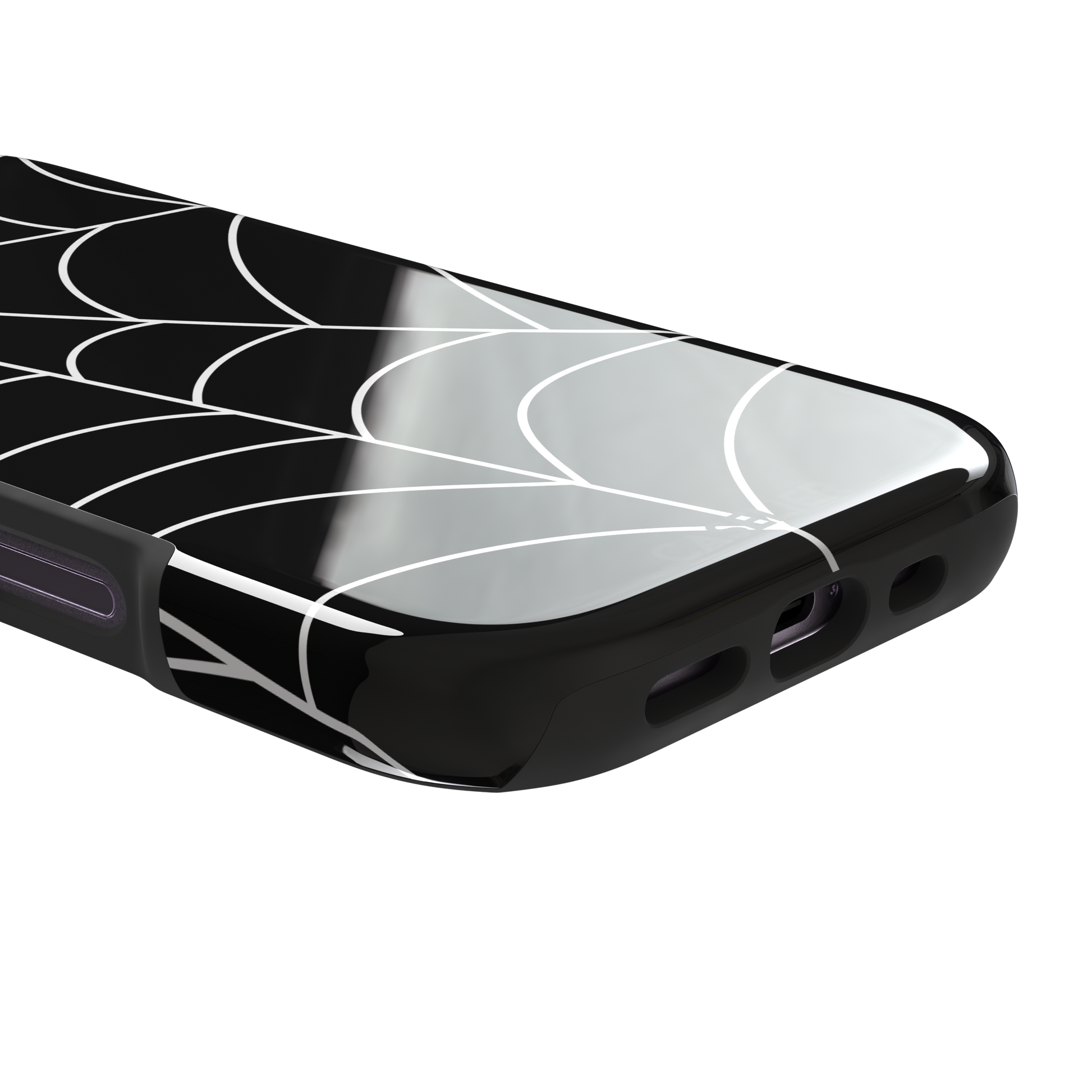Black phone case with bold white spiderweb graphic covering the full surface, phone case by Caselier — tough case, charging port detail
