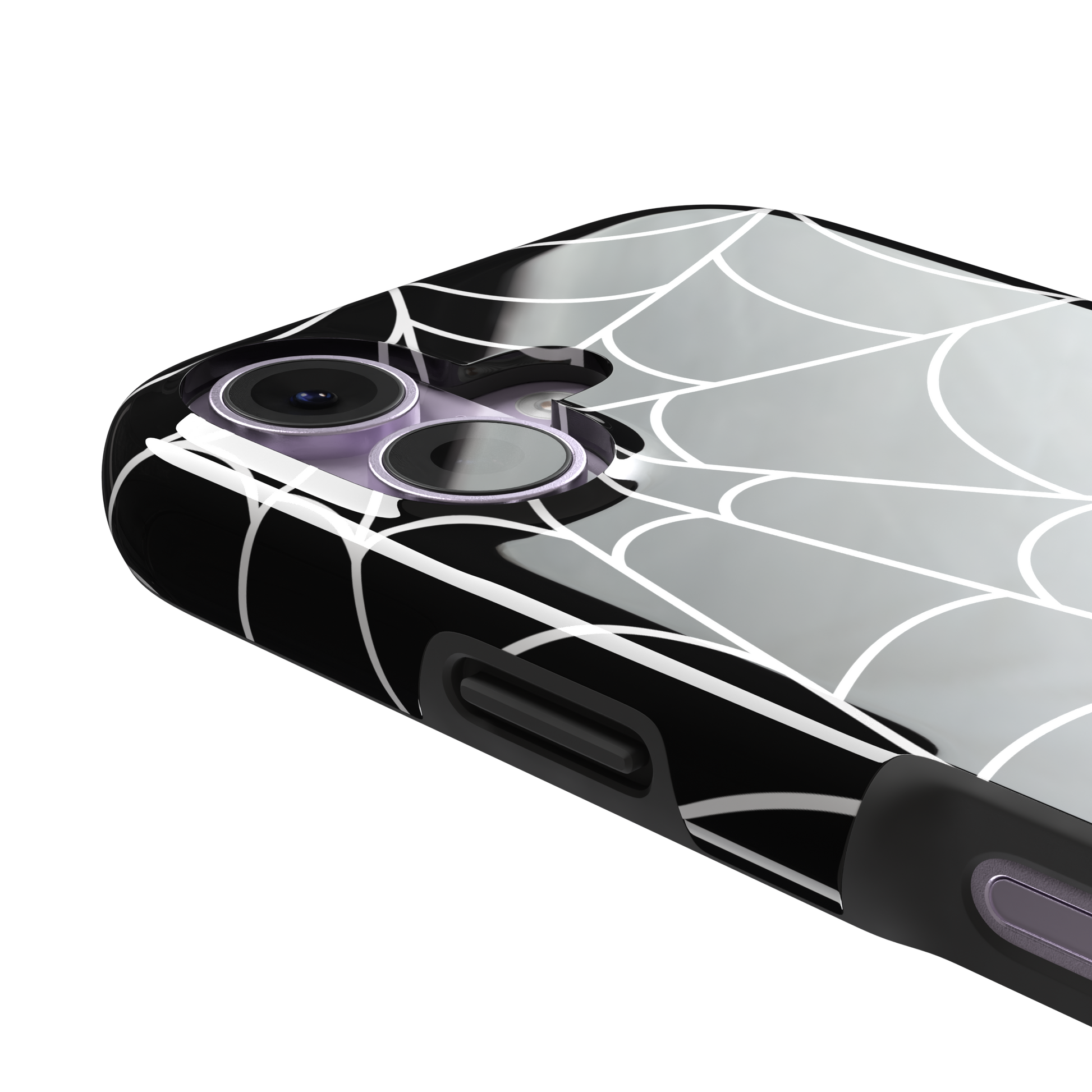 Black phone case with bold white spiderweb graphic covering the full surface, phone case by Caselier — tough case, volume buttons detail