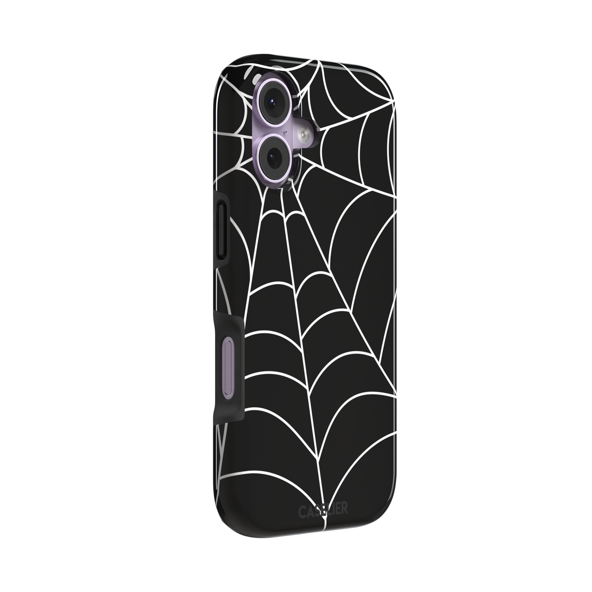 Black phone case with bold white spiderweb graphic covering the full surface, phone case by Caselier — tough case, left view