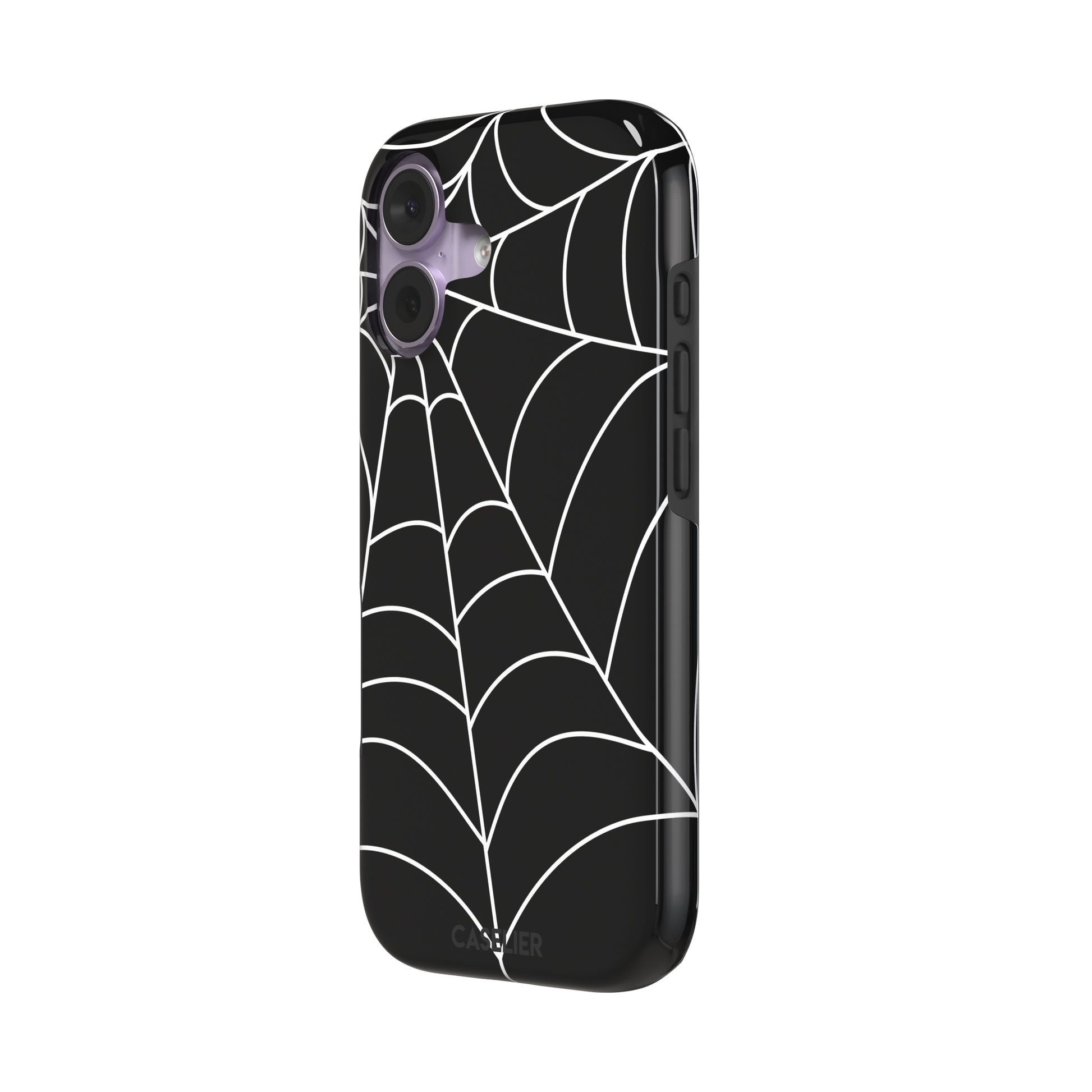 Black phone case with bold white spiderweb graphic covering the full surface, phone case by Caselier — tough case, right view