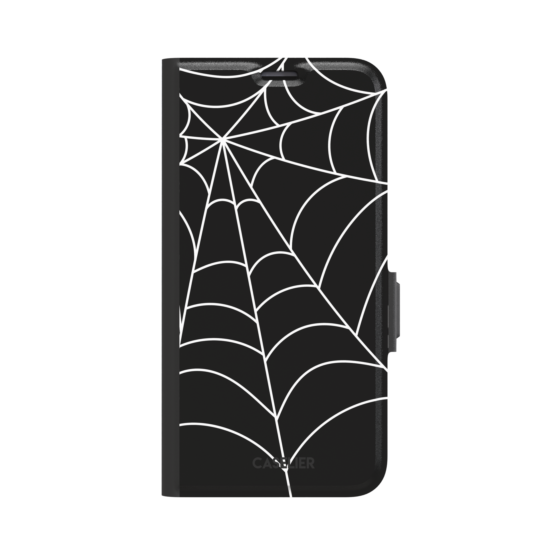 Black phone case with bold white spiderweb graphic covering the full surface, phone case by Caselier — wallet case, front view