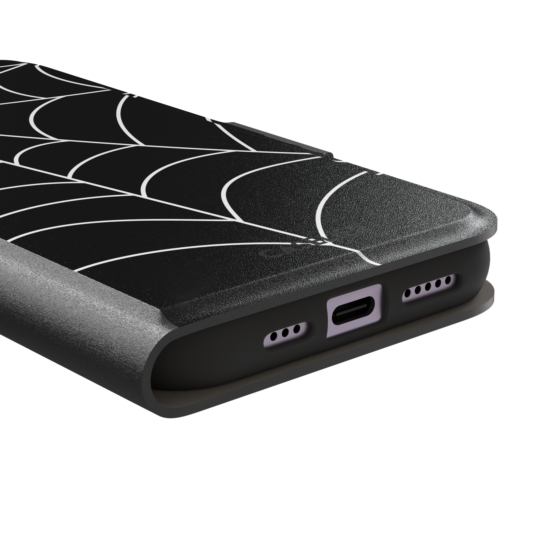 Black phone case with bold white spiderweb graphic covering the full surface, phone case by Caselier — wallet case, charging port detail