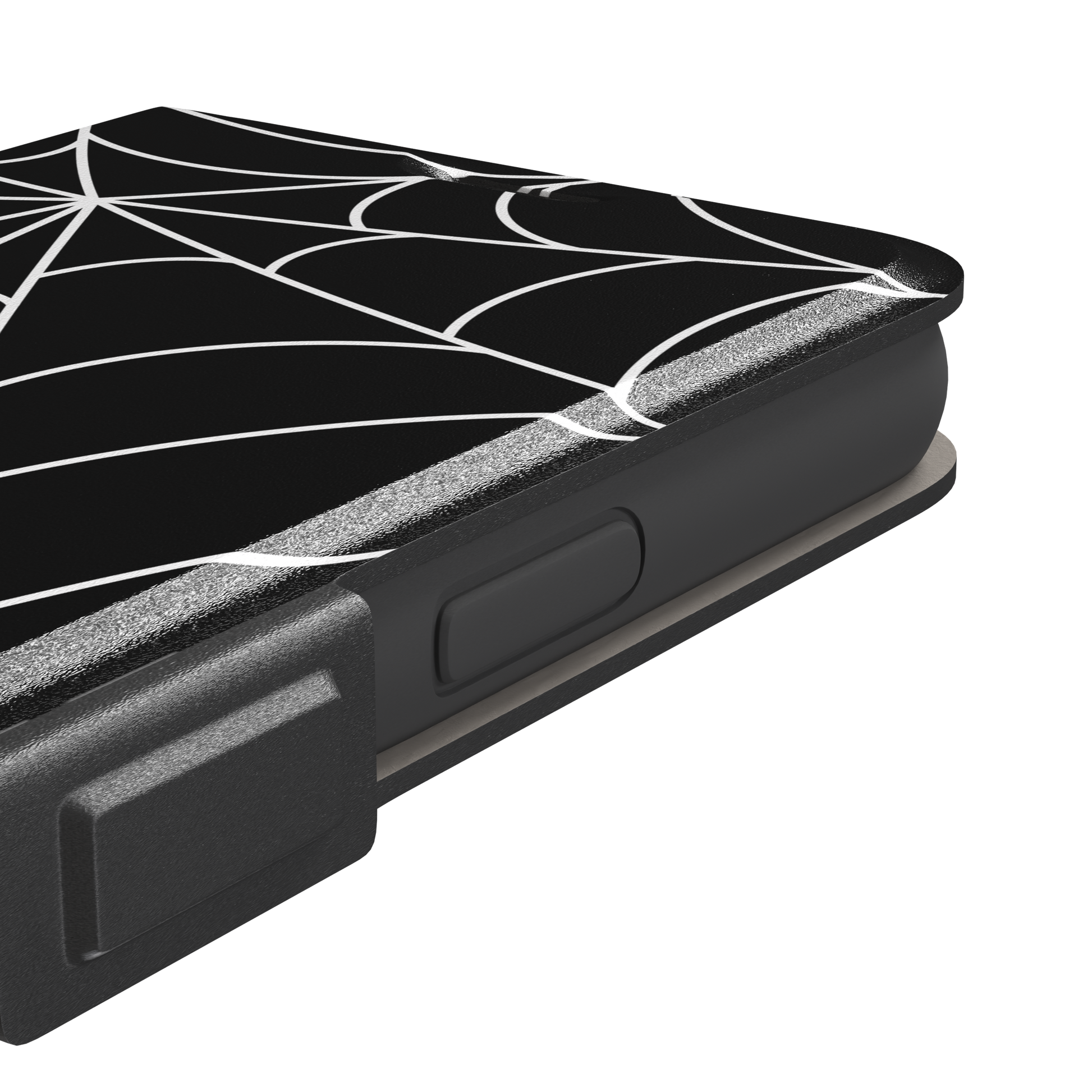 Black phone case with bold white spiderweb graphic covering the full surface, phone case by Caselier — wallet case, volume buttons detail