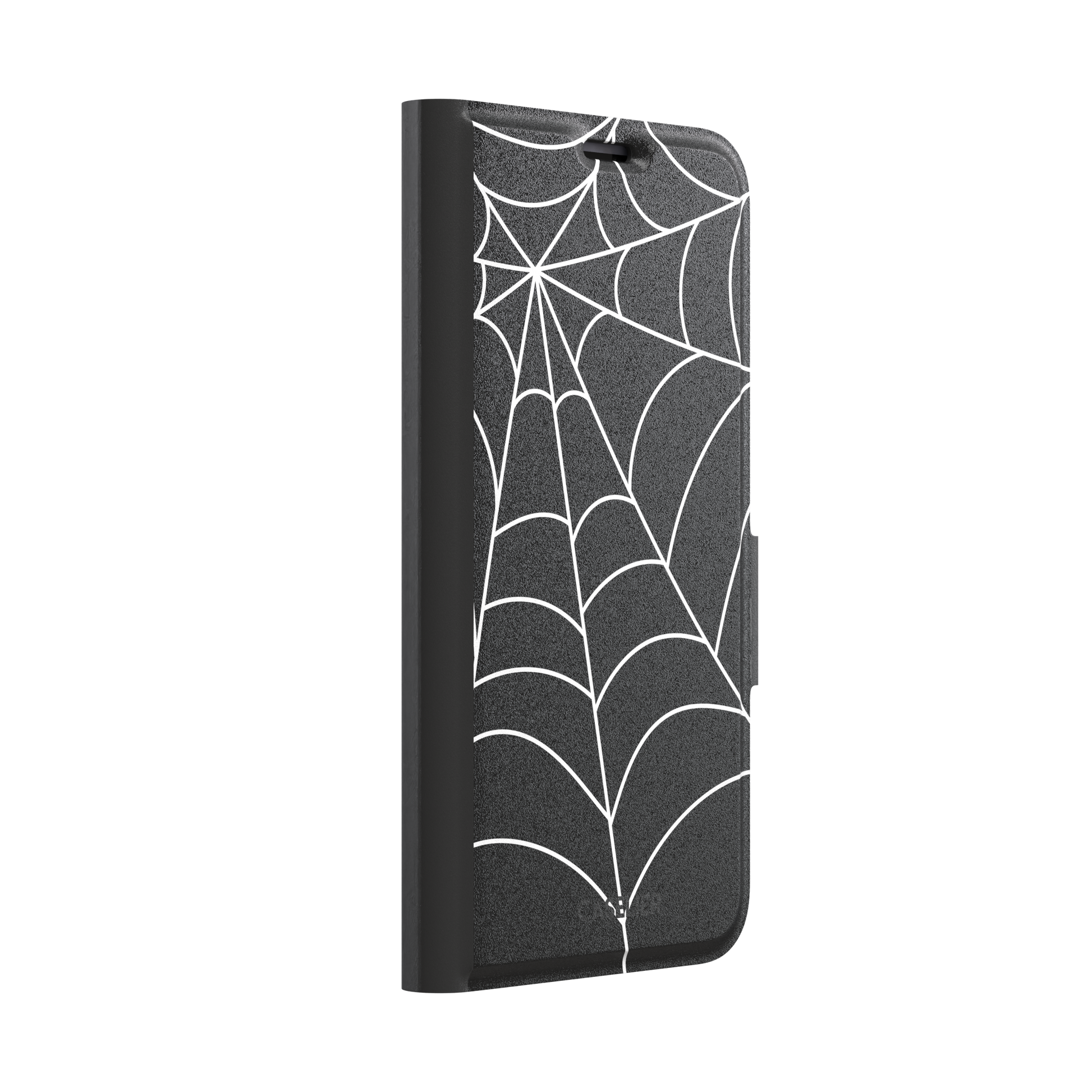 Black phone case with bold white spiderweb graphic covering the full surface, phone case by Caselier — wallet case, left view