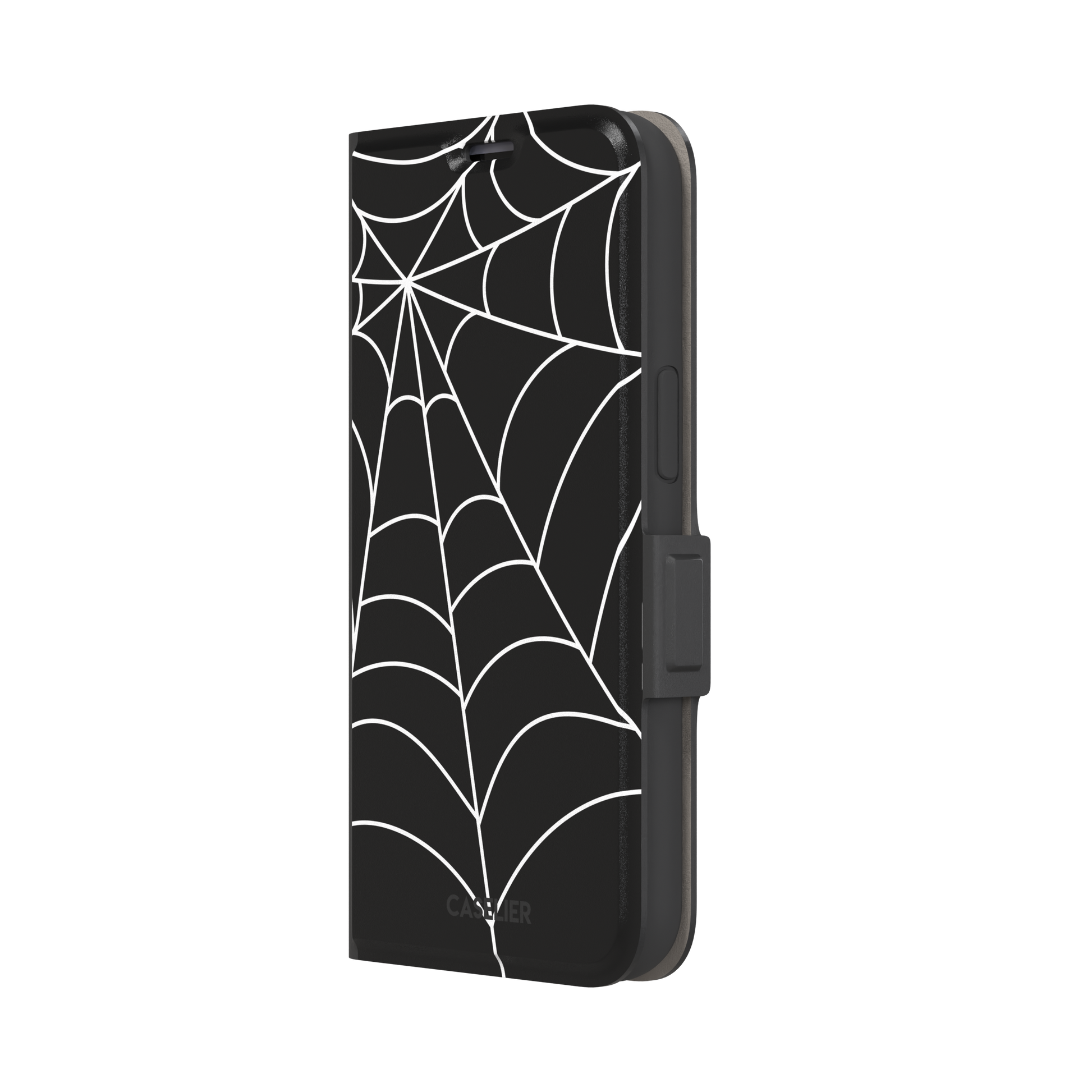 Black phone case with bold white spiderweb graphic covering the full surface, phone case by Caselier — wallet case, right view