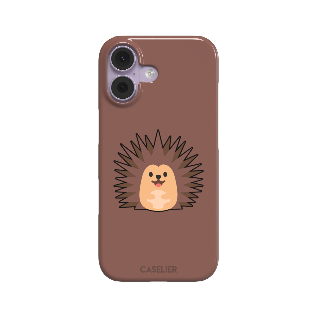 Spikey phone case with a smiling cartoon hedgehog in brown and peach tones on a warm mauve-brown background, by Caselier — snap case, front view