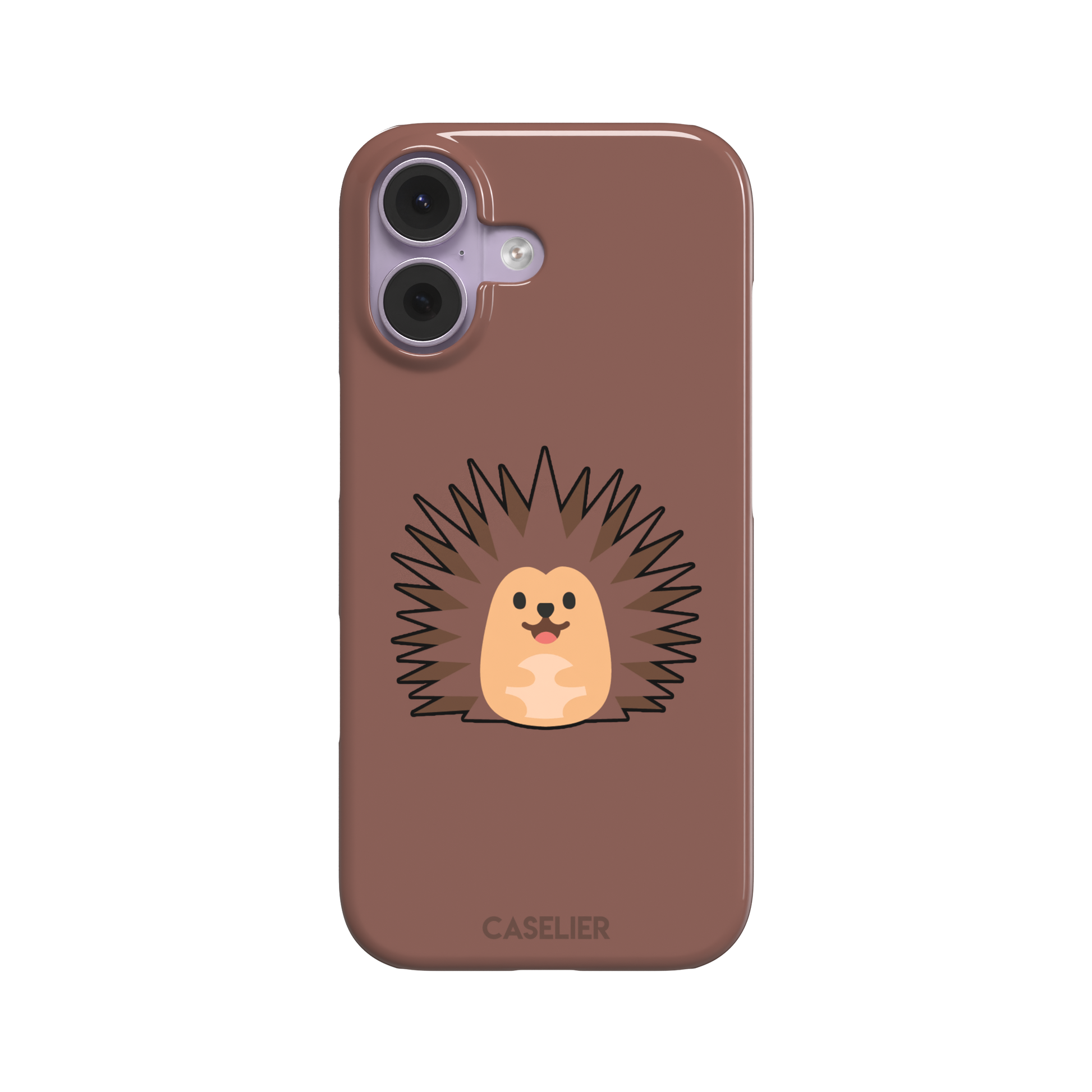Spikey phone case with a smiling cartoon hedgehog in brown and peach tones on a warm mauve-brown background, by Caselier — snap case, front view