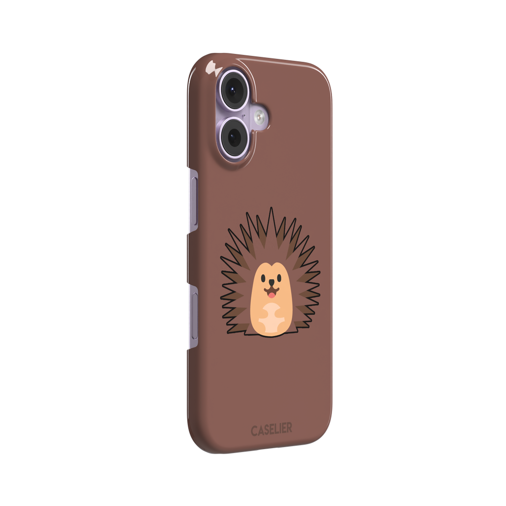 Spikey phone case with a smiling cartoon hedgehog in brown and peach tones on a warm mauve-brown background, by Caselier — snap case, left view