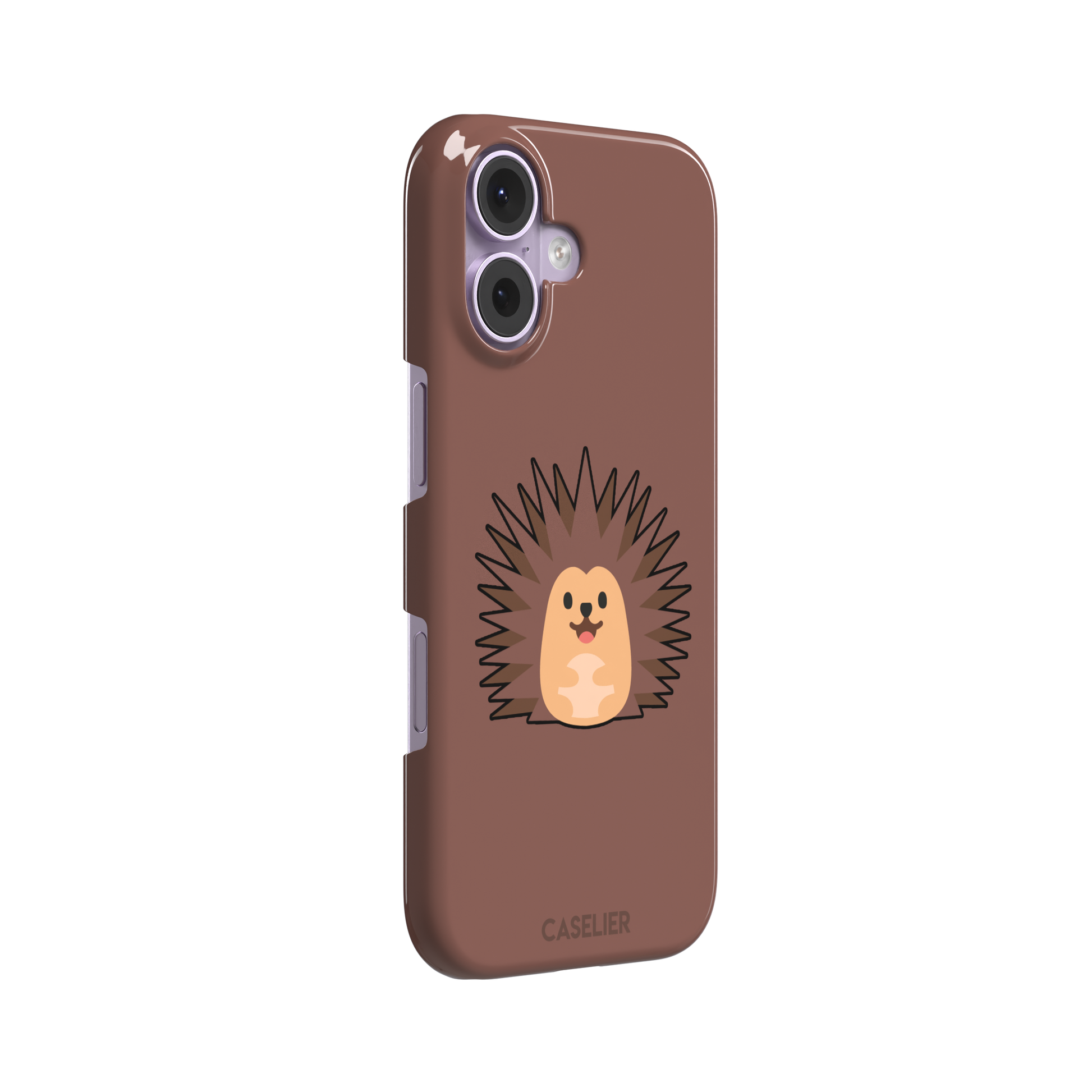 Spikey phone case with a smiling cartoon hedgehog in brown and peach tones on a warm mauve-brown background, by Caselier — snap case, left view