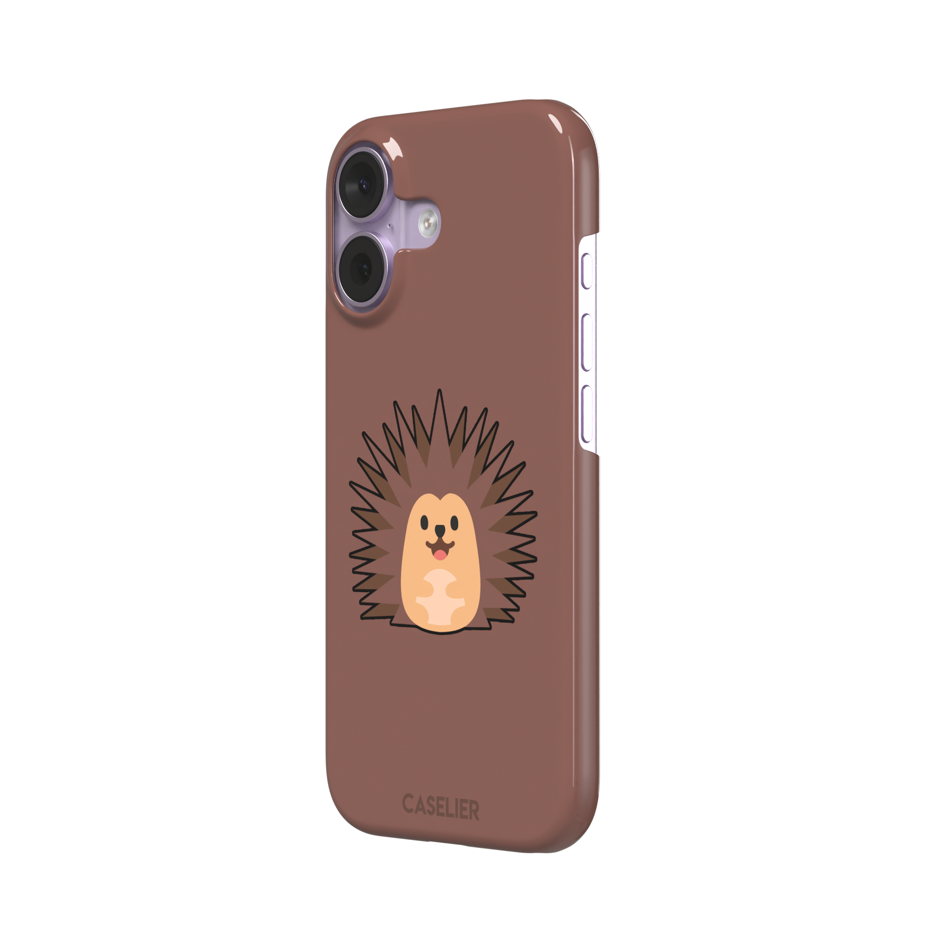 Spikey phone case with a smiling cartoon hedgehog in brown and peach tones on a warm mauve-brown background, by Caselier — snap case, right view