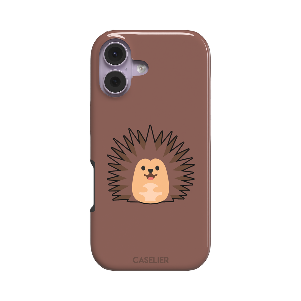 Spikey phone case with a smiling cartoon hedgehog in brown and peach tones on a warm mauve-brown background, by Caselier — tough case, front view