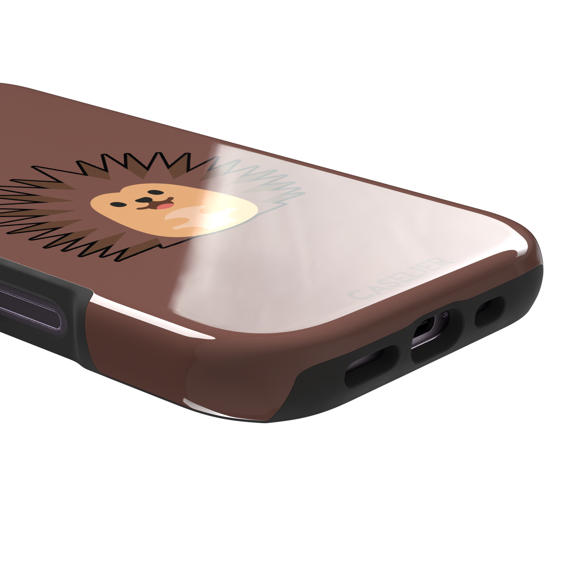 Spikey phone case with a smiling cartoon hedgehog in brown and peach tones on a warm mauve-brown background, by Caselier — tough case, charging port detail