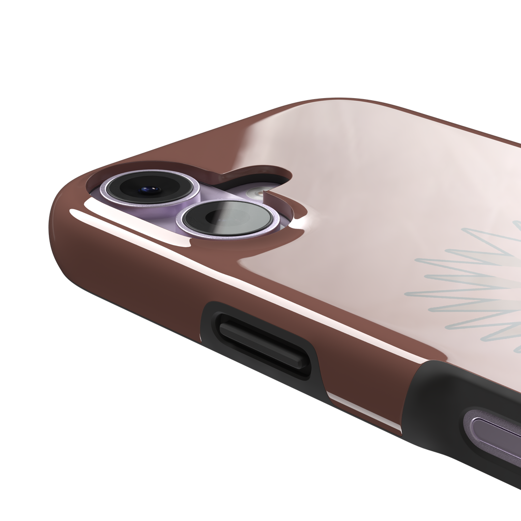 Spikey phone case with a smiling cartoon hedgehog in brown and peach tones on a warm mauve-brown background, by Caselier — tough case, volume buttons detail