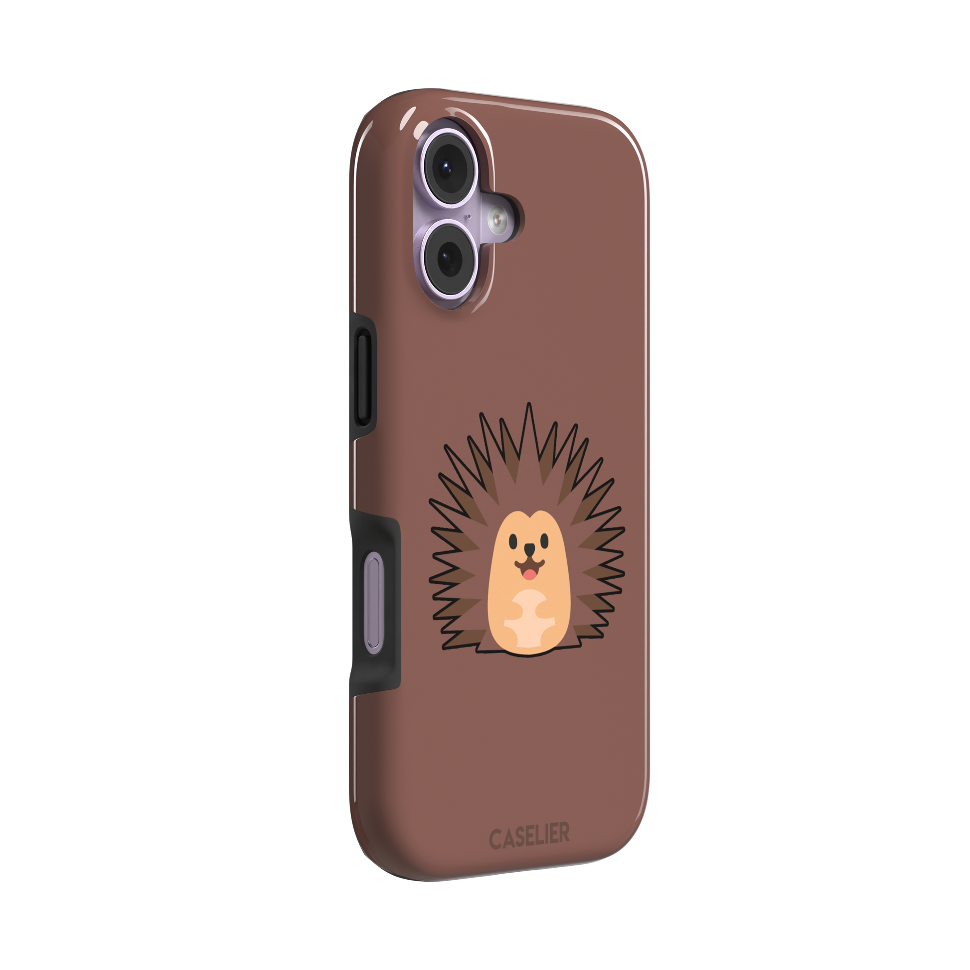 Spikey phone case with a smiling cartoon hedgehog in brown and peach tones on a warm mauve-brown background, by Caselier — tough case, left view